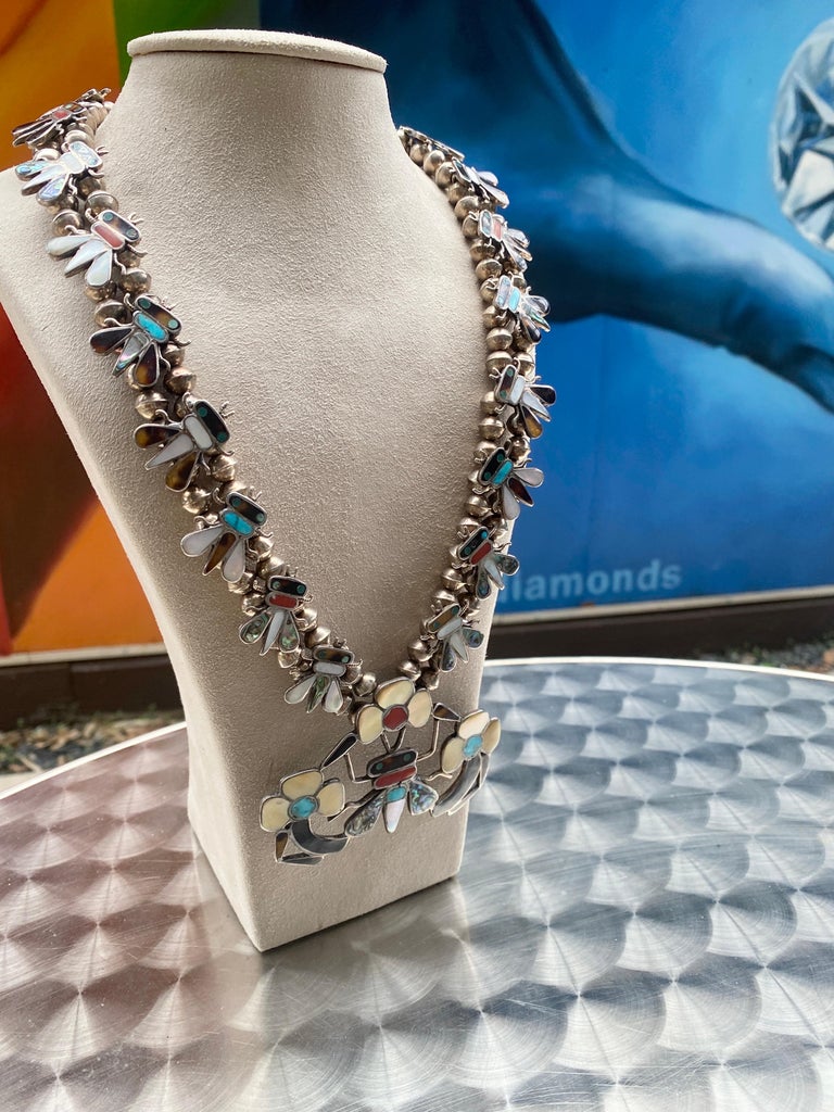 Zuni Tribe Vintage Inlaid Silver Necklace For Sale at 1stDibs