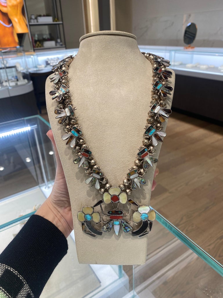 Zuni Tribe Vintage Inlaid Silver Necklace For Sale at 1stDibs