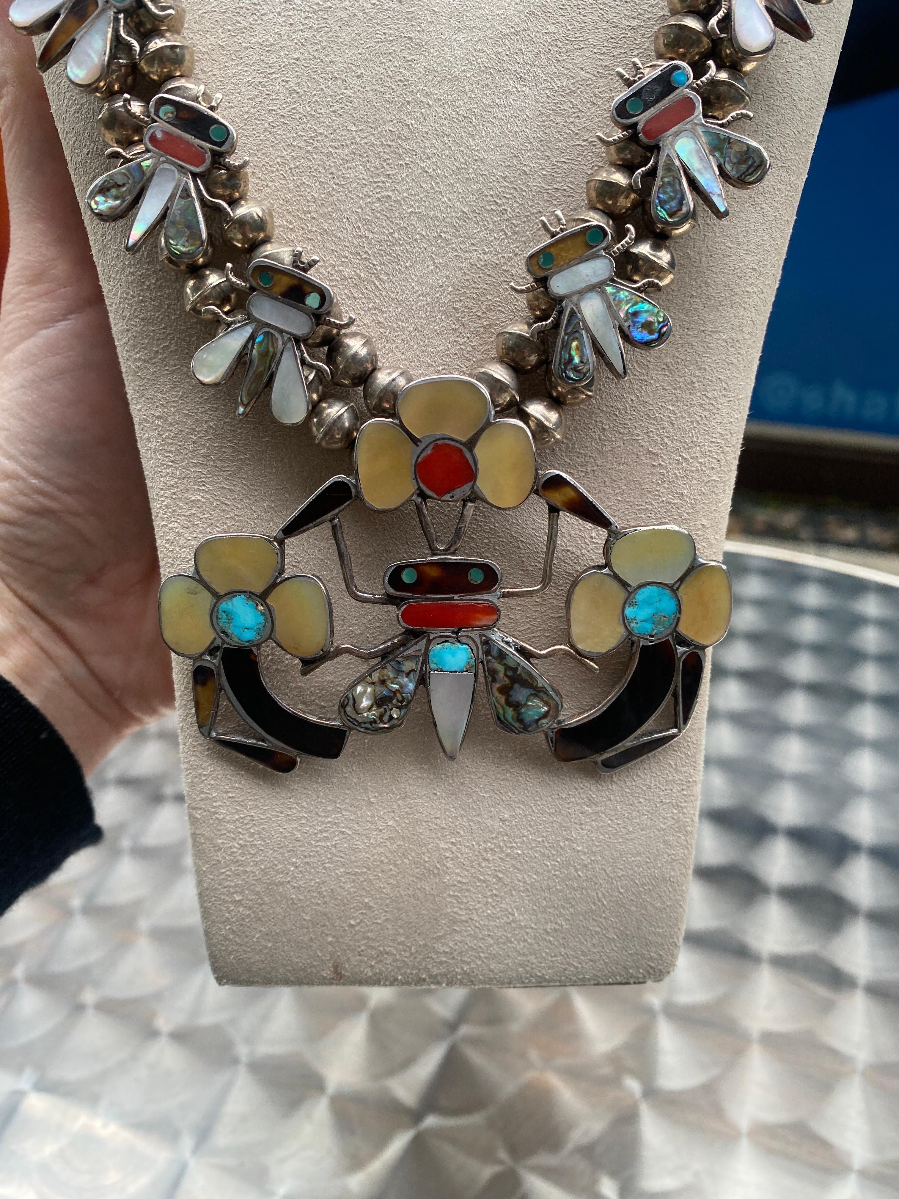 Women's or Men's Zuni Tribe Vintage Inlaid Silver Necklace For Sale