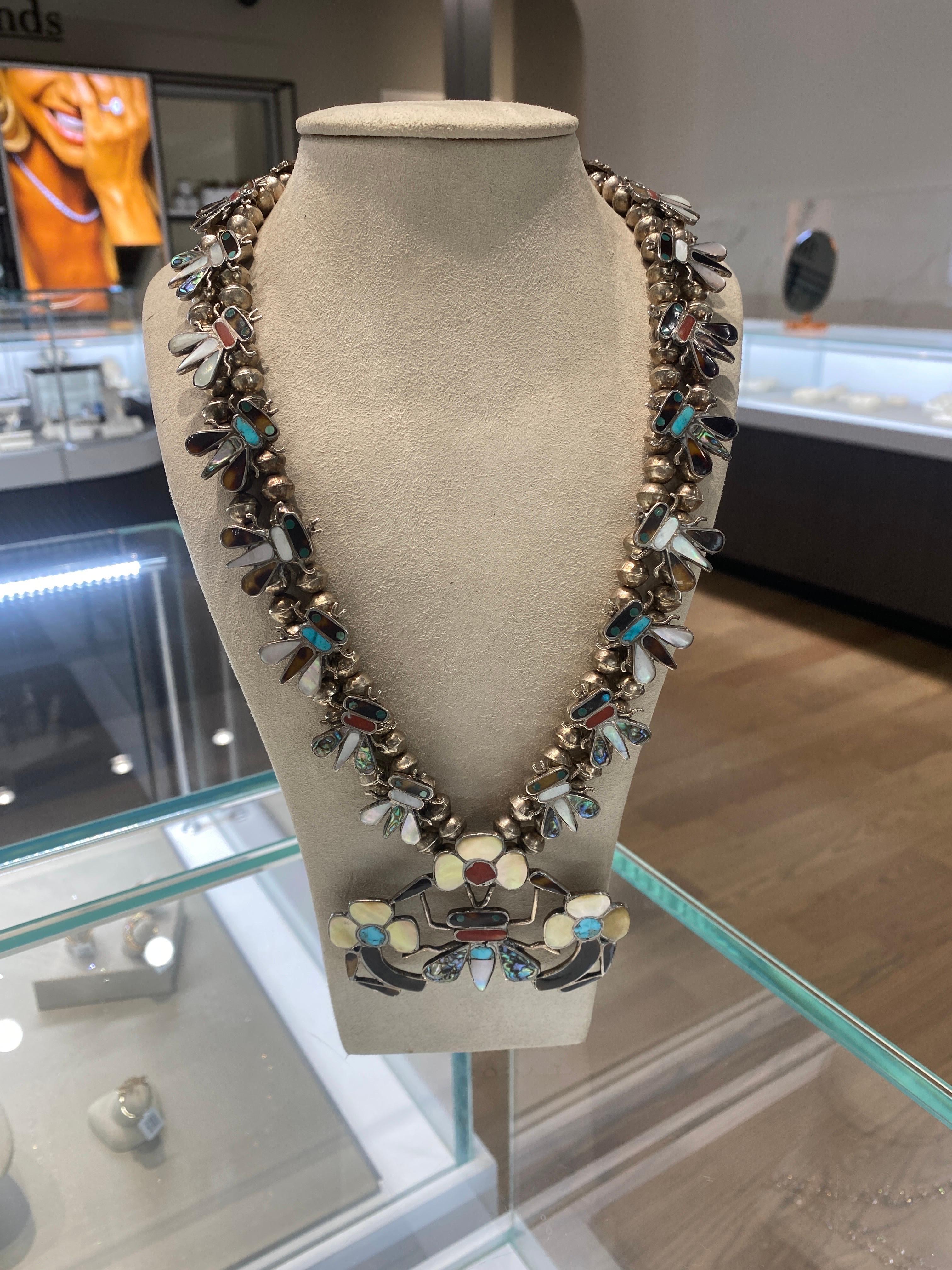 Zuni Tribe Vintage-Halskette mit Intarsien aus Silber im Angebot 4