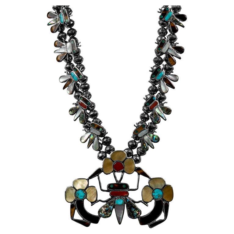 Zuni Tribe Vintage Inlaid Silver Necklace For Sale