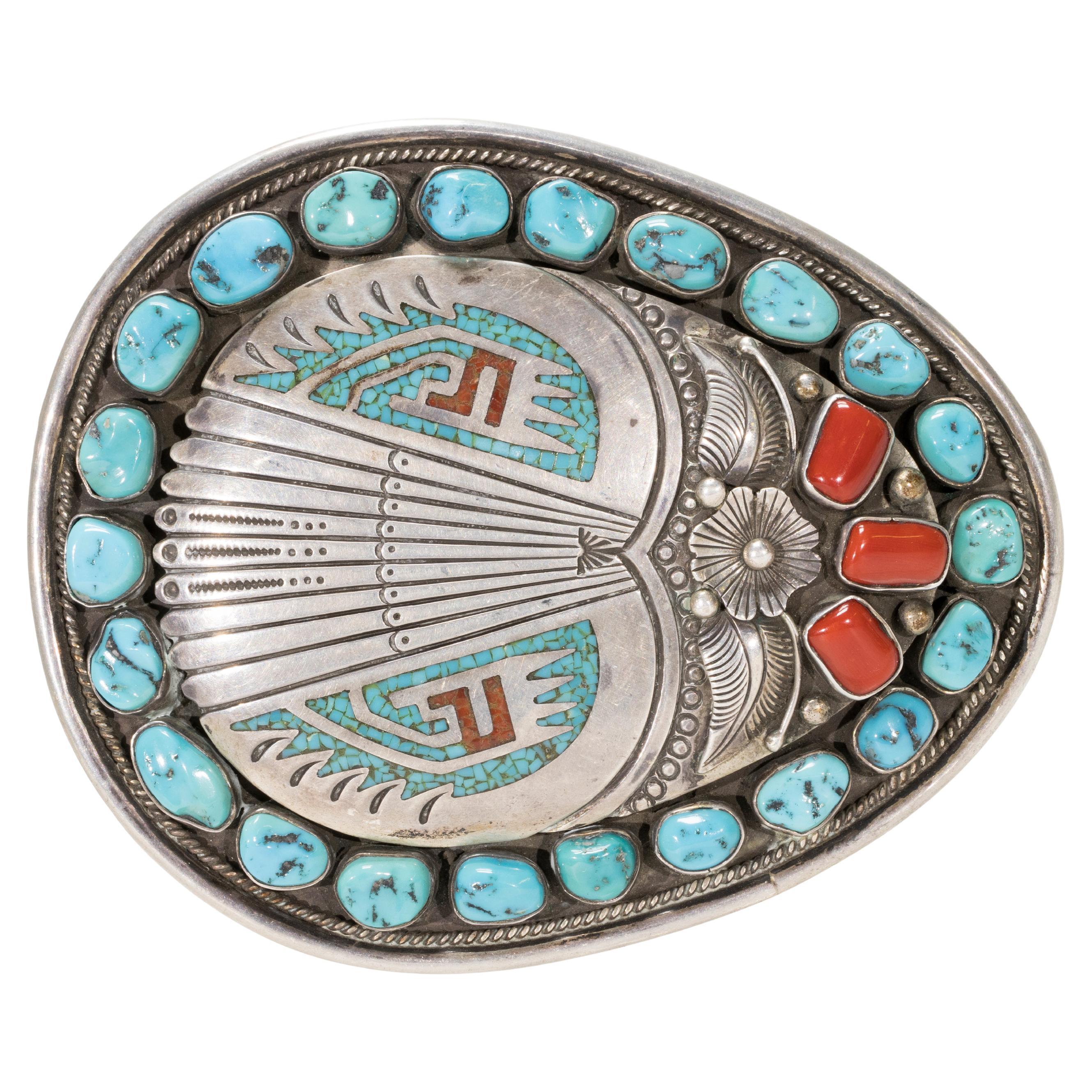 Zuni Turquoise and Coral Belt Buckle 