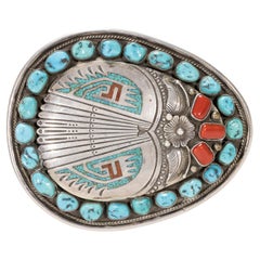 Zuni Turquoise and Coral Belt Buckle 