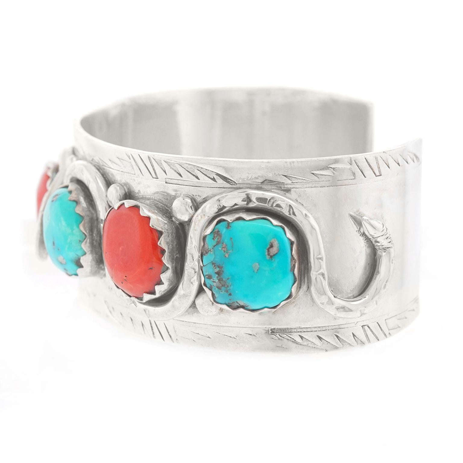 Cabochon Zuni Turquoise and Coral Set Sterling Snake Cuff Bracelet