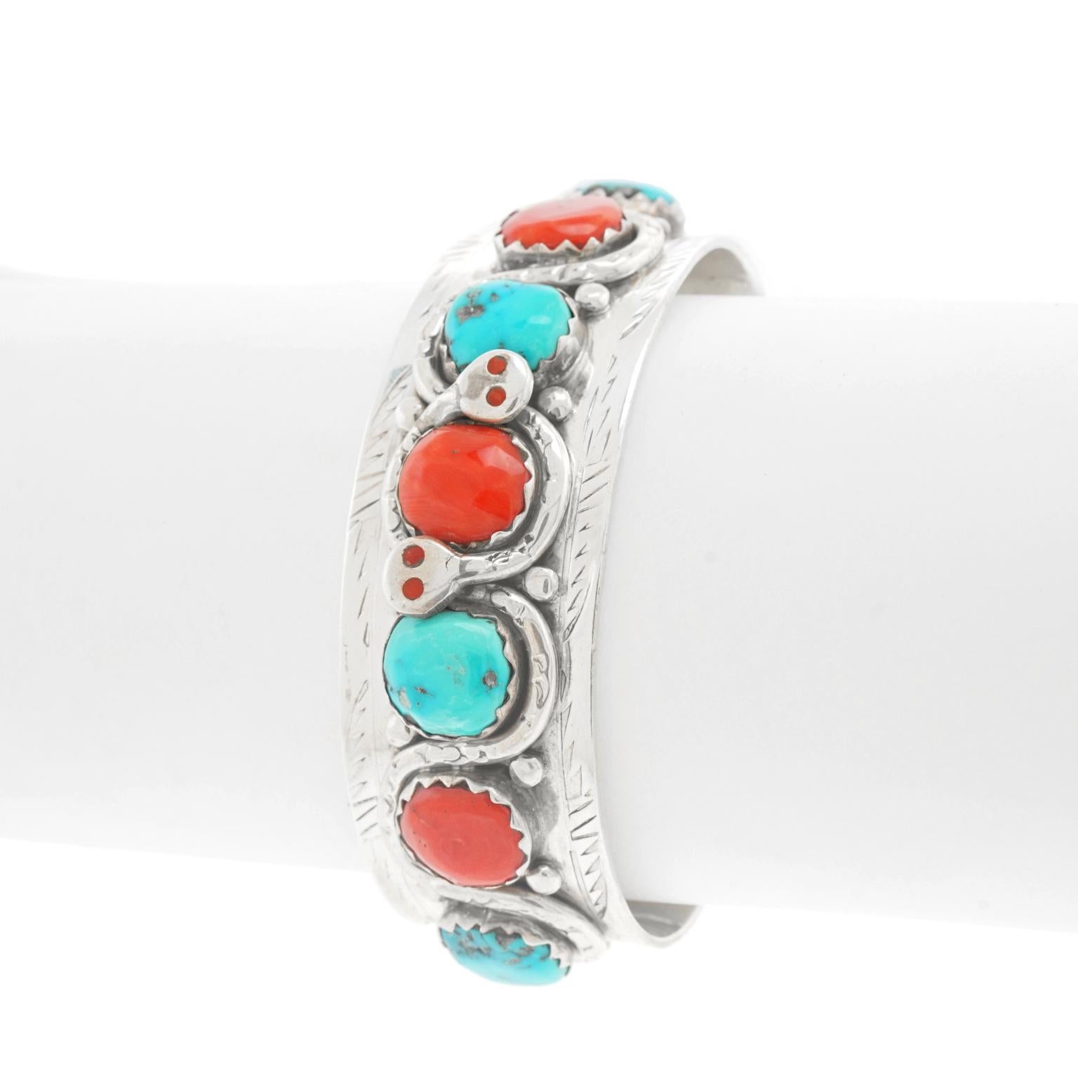 Women's or Men's Zuni Turquoise and Coral Set Sterling Snake Cuff Bracelet