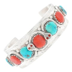 Zuni Turquoise and Coral Set Sterling Snake Cuff Bracelet