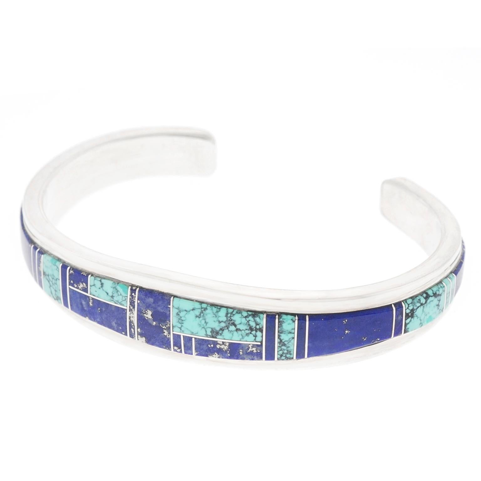 Zuni Turquoise and Lapis Inlay Sterling Cuff Bracelet 3