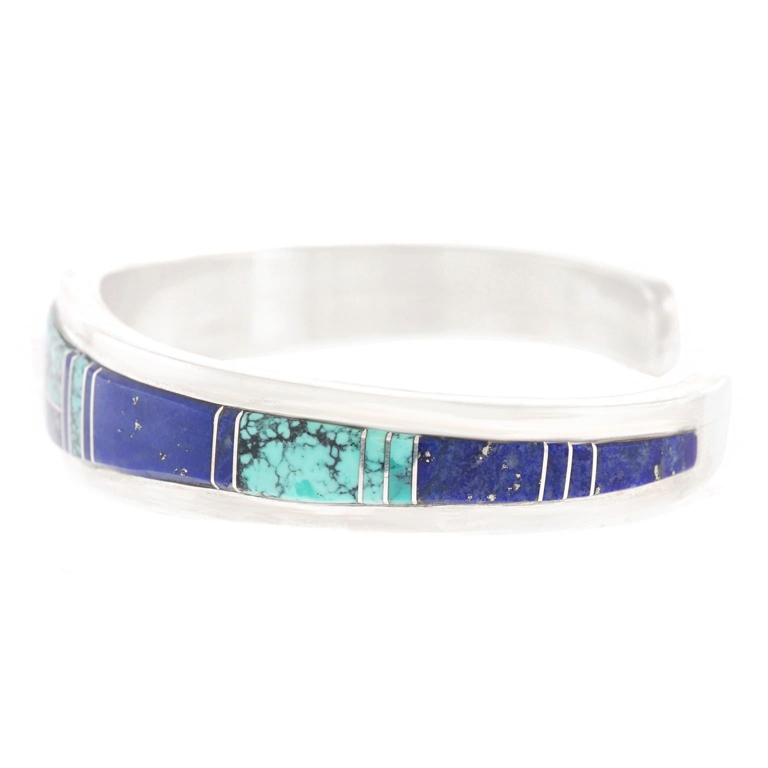 Zuni Turquoise and Lapis Inlay Sterling Cuff Bracelet In Excellent Condition In Litchfield, CT