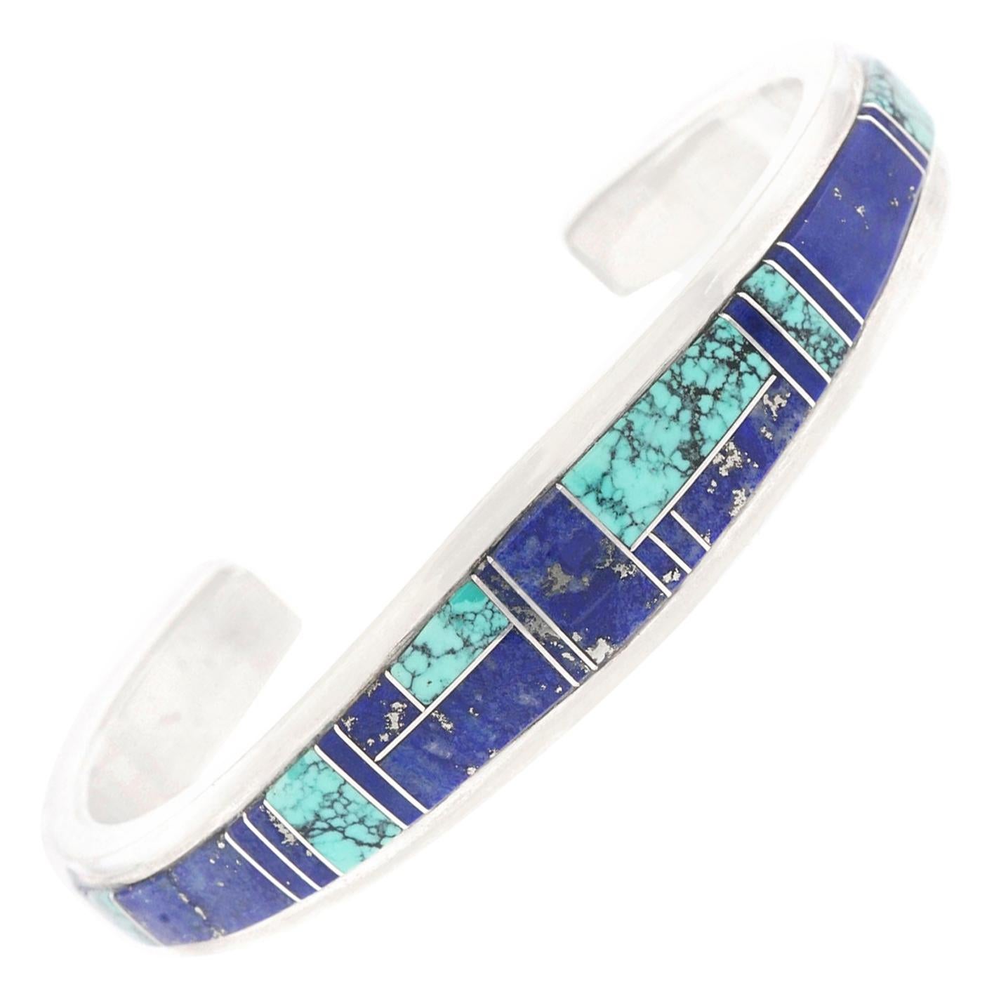Zuni Turquoise and Lapis Inlay Sterling Cuff Bracelet