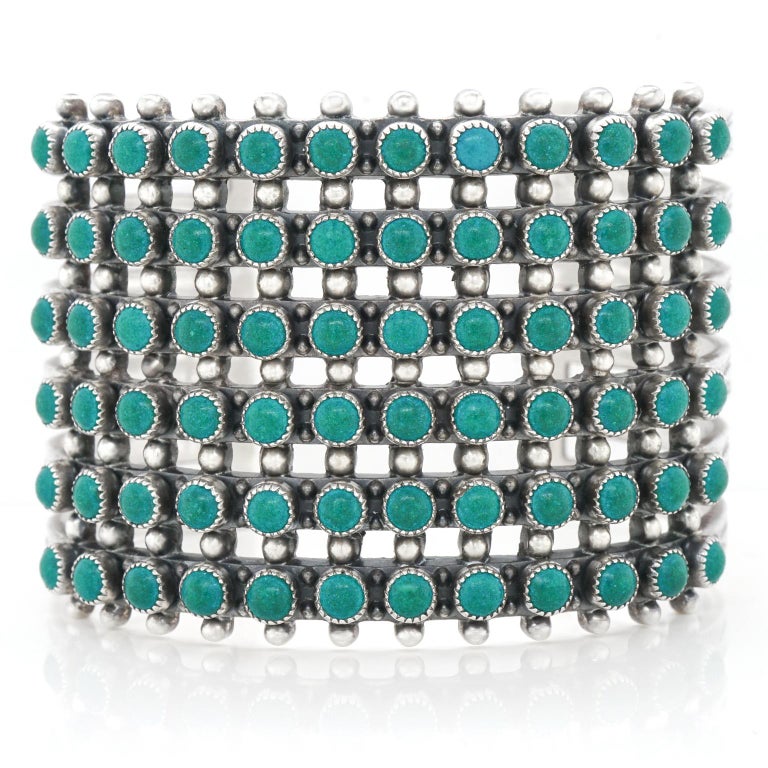 Large Zuni Turquoise and Sterling Cluster Cuff Mid Century