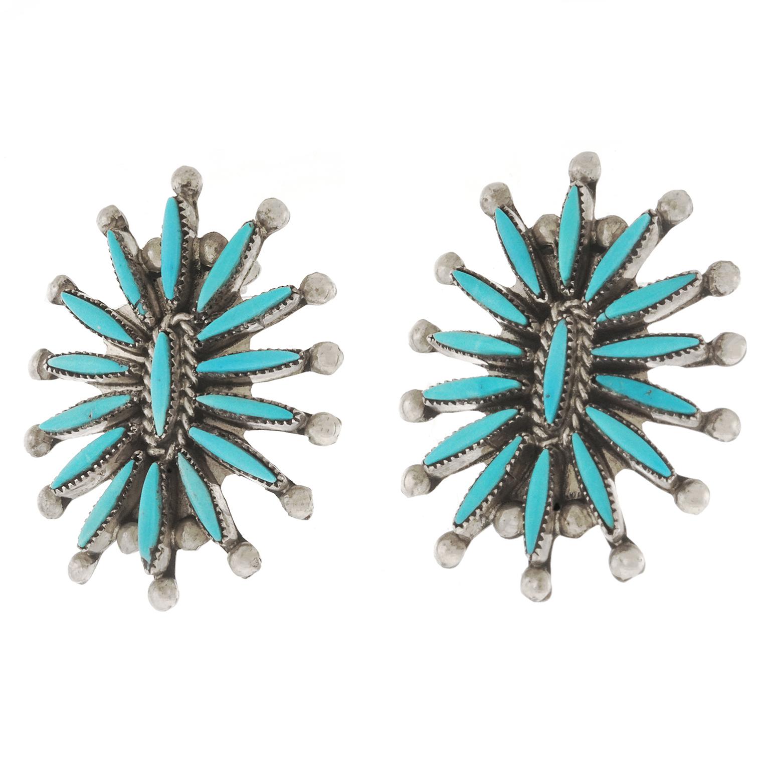 Zuni Turquoise and Sterling Earrings, circa 1970s In Excellent Condition In Litchfield, CT