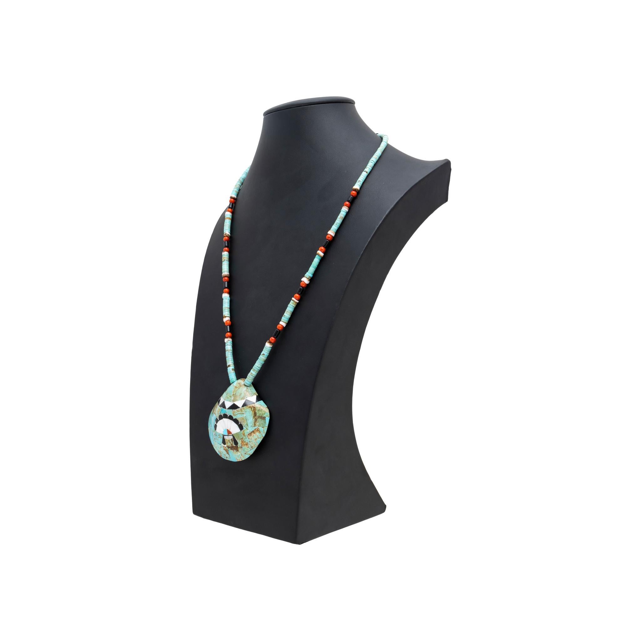 Mixed Cut Zuni Turquoise Beaded Shell Pendant Necklace For Sale