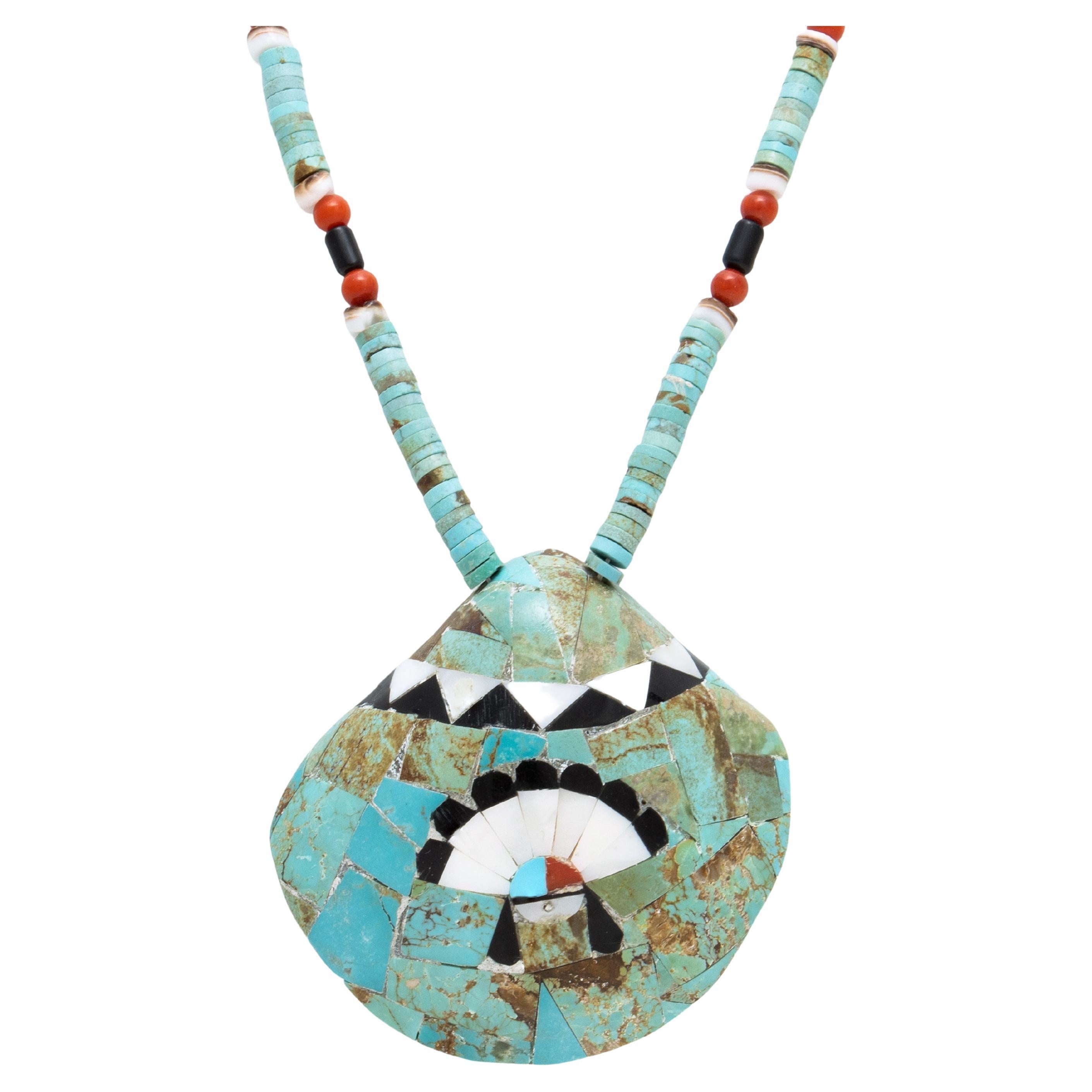 Zuni Turquoise Beaded Shell Pendant Necklace For Sale