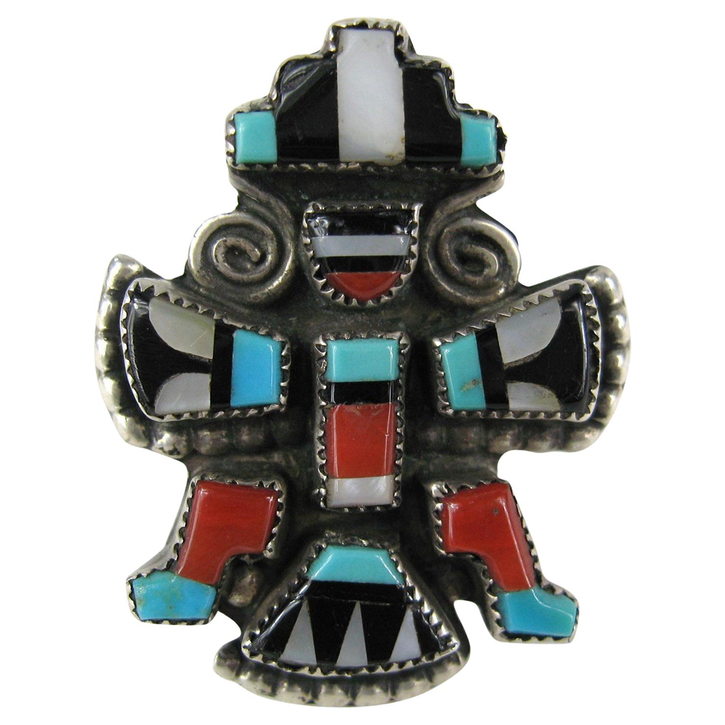 Zuni Turquoise Coral Sterling Silver Native American Knifewing Dancer Ring For Sale