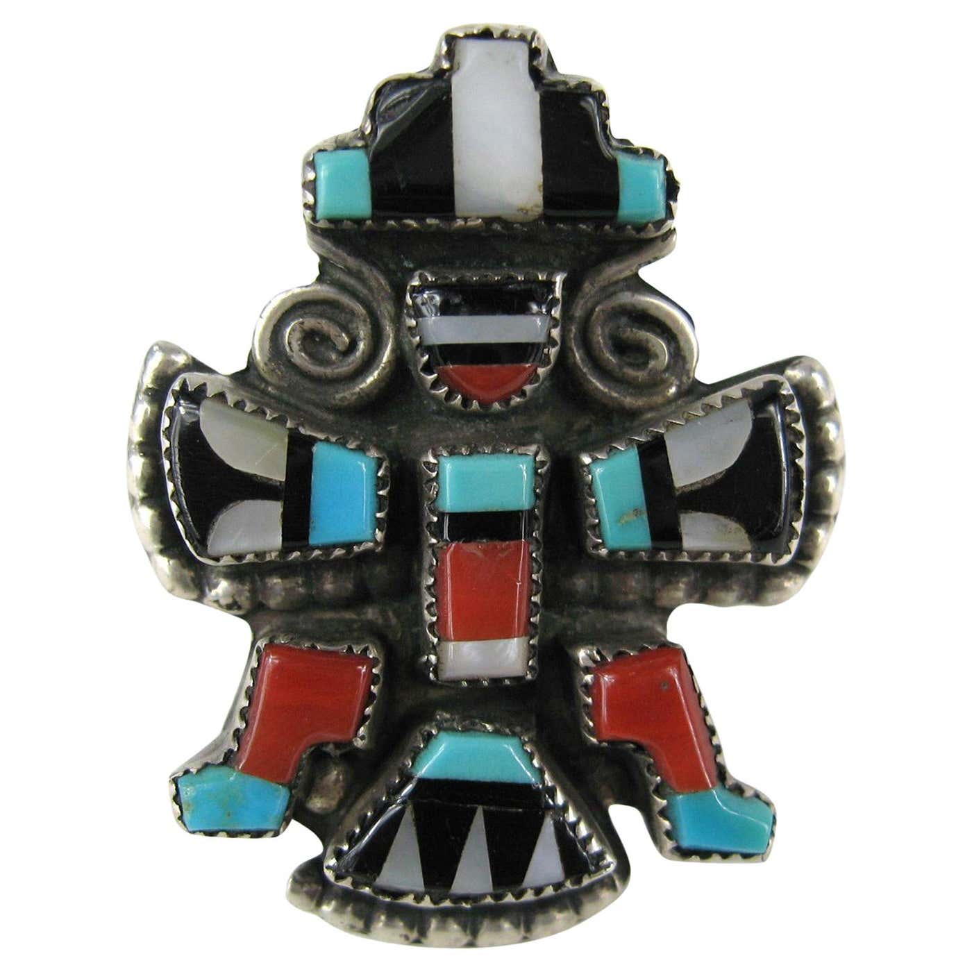 Zuni Turquoise Coral Sterling Silver Native American Knifewing Dancer ...