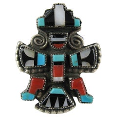 Antique Zuni Turquoise Coral Sterling Silver Native American Knifewing Dancer Ring