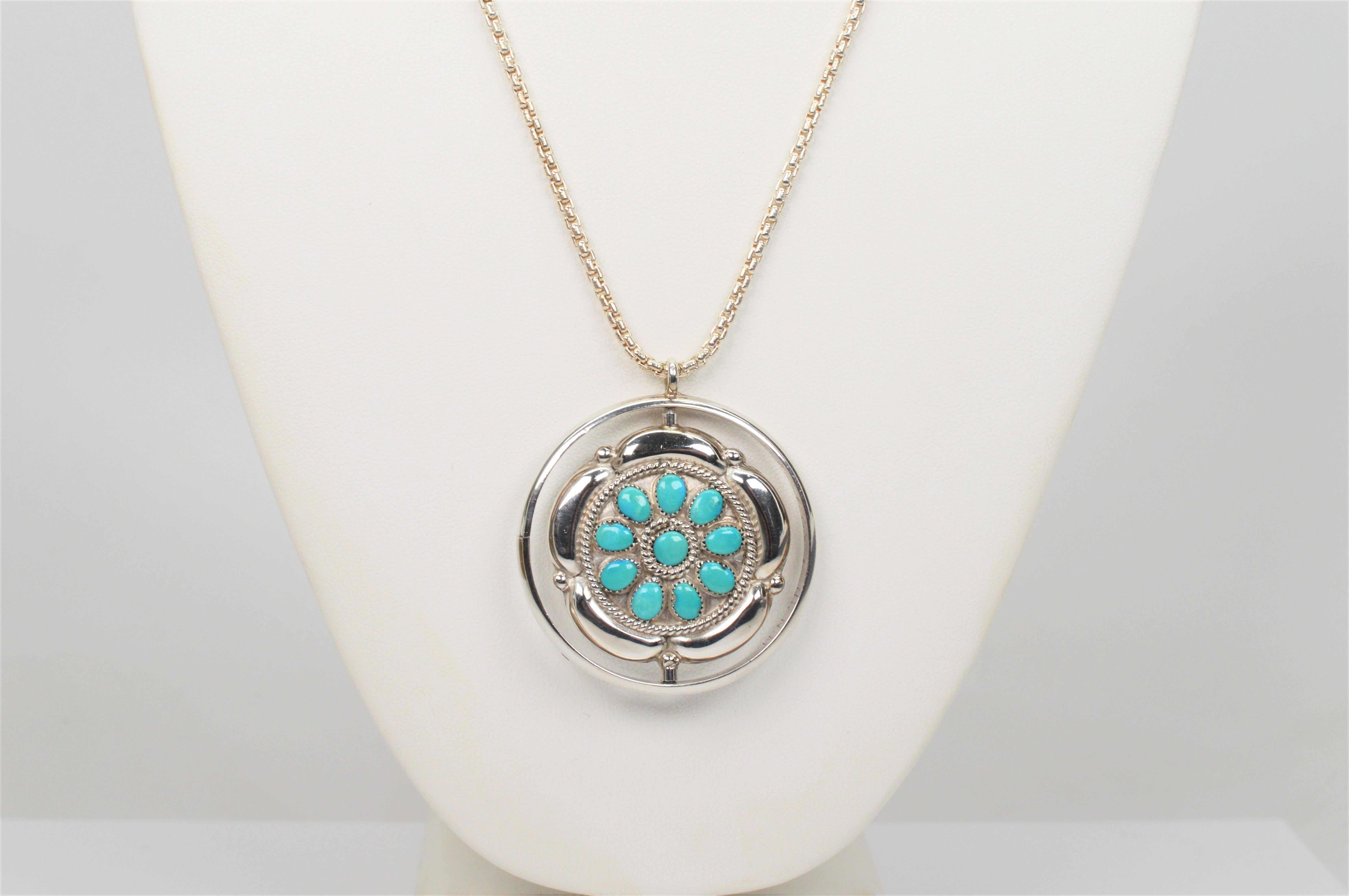 Zuni Turquoise Coral Sun Silver Moons Spinner Pendant Necklace For Sale 5