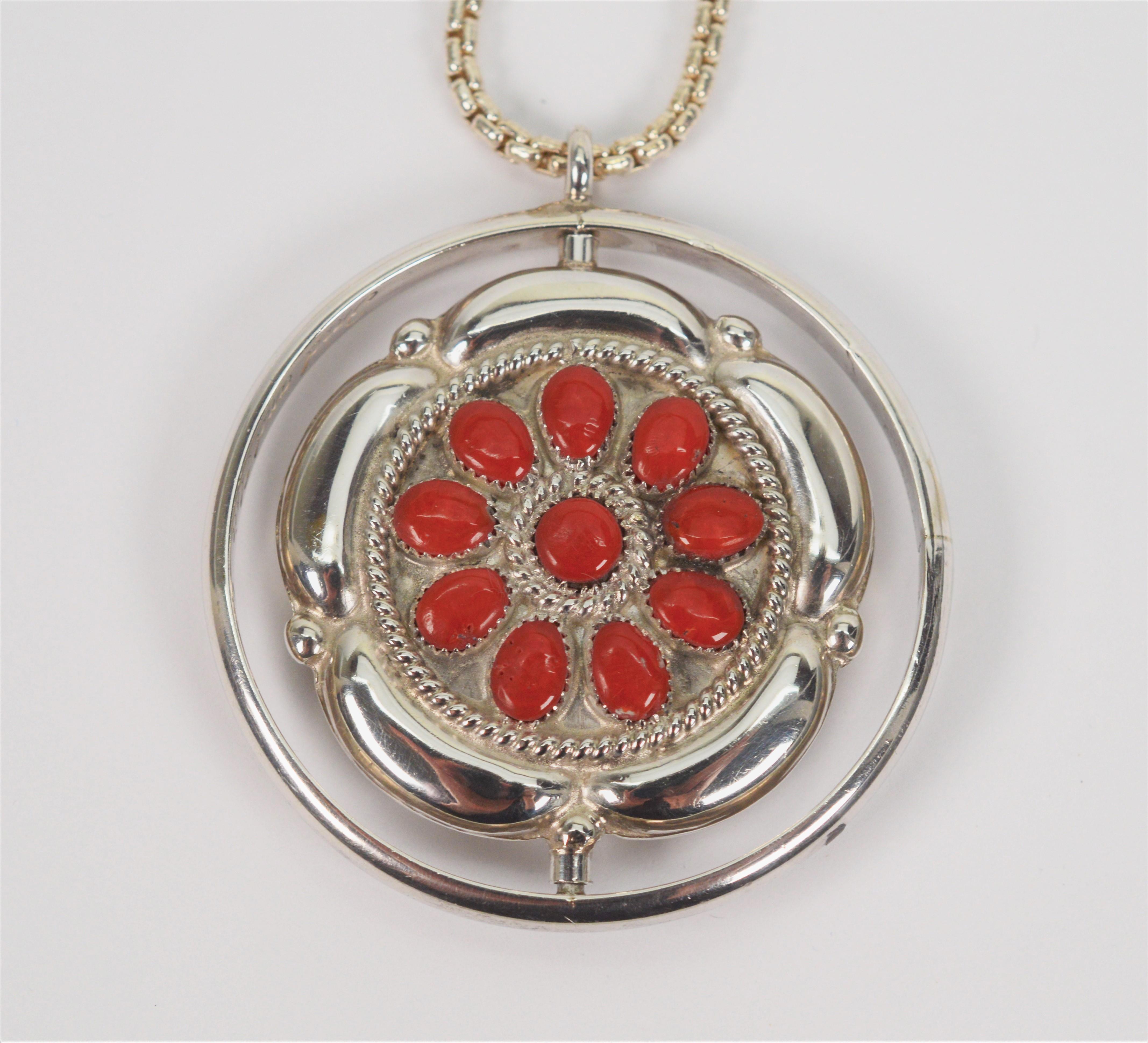 Zuni Turquoise Coral Sun Silver Moons Spinner Pendant Necklace In Excellent Condition For Sale In Mount Kisco, NY