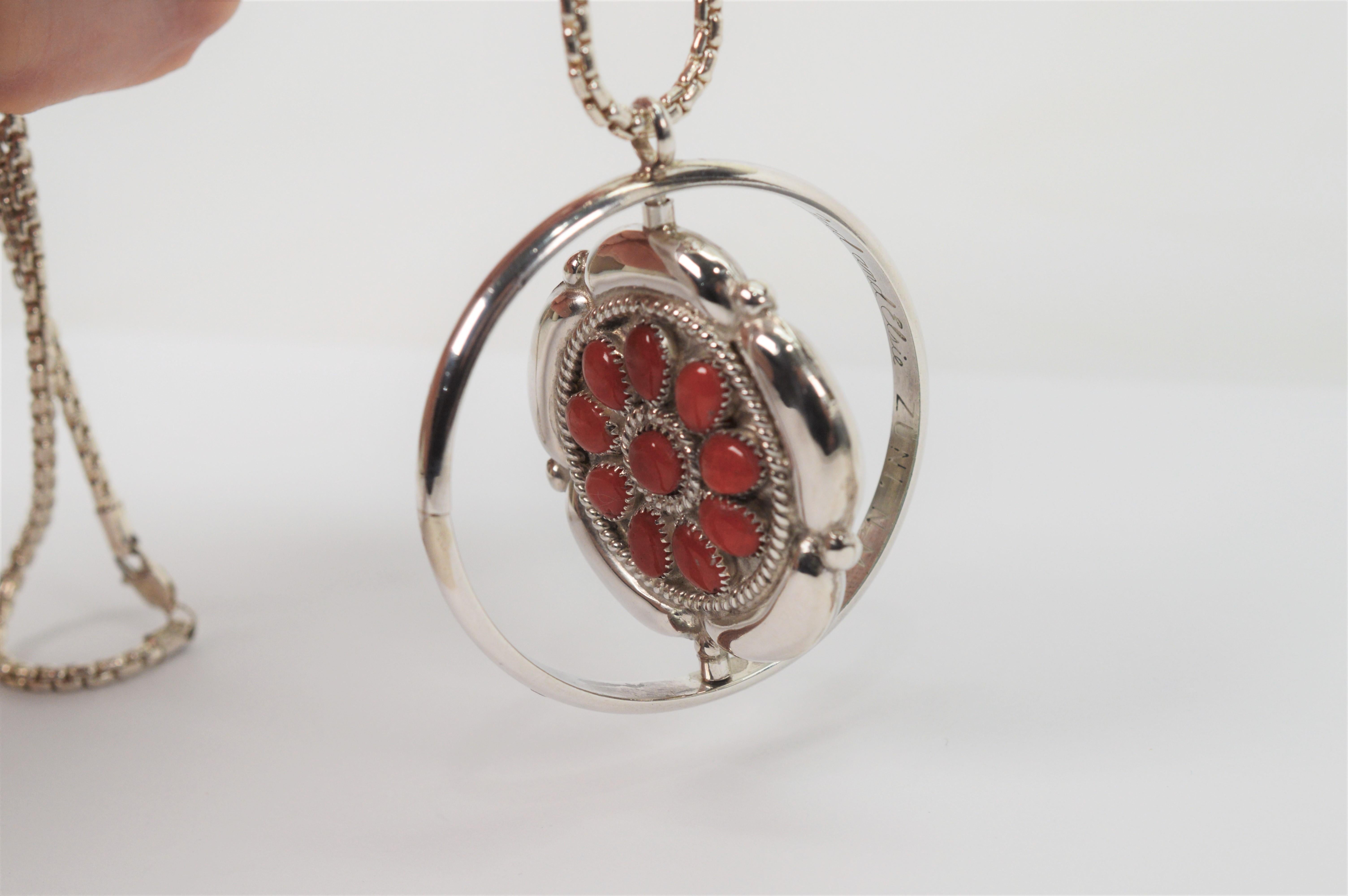 Women's or Men's Zuni Turquoise Coral Sun Silver Moons Spinner Pendant Necklace For Sale