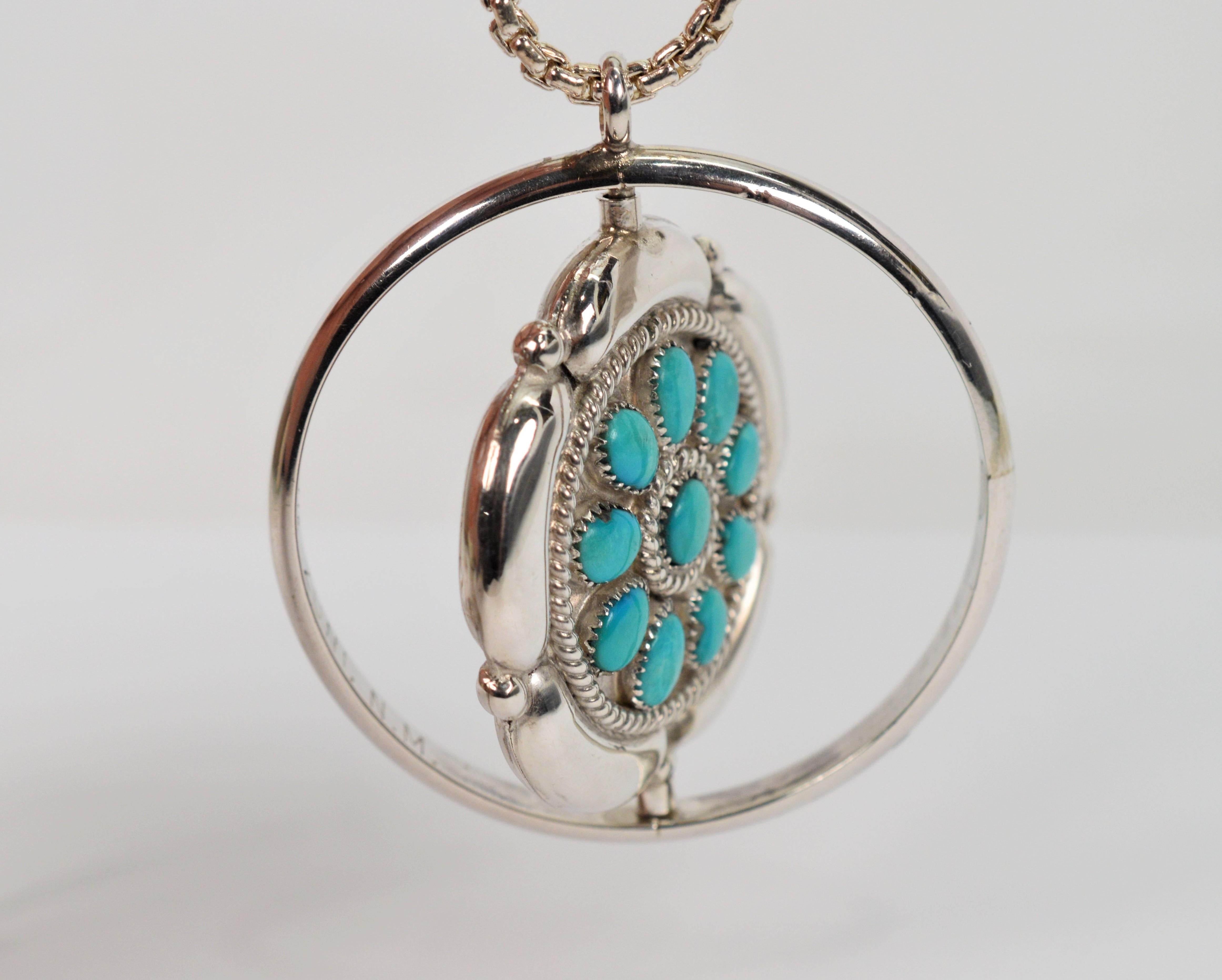 Zuni Turquoise Coral Sun Silver Moons Spinner Pendant Necklace For Sale 1