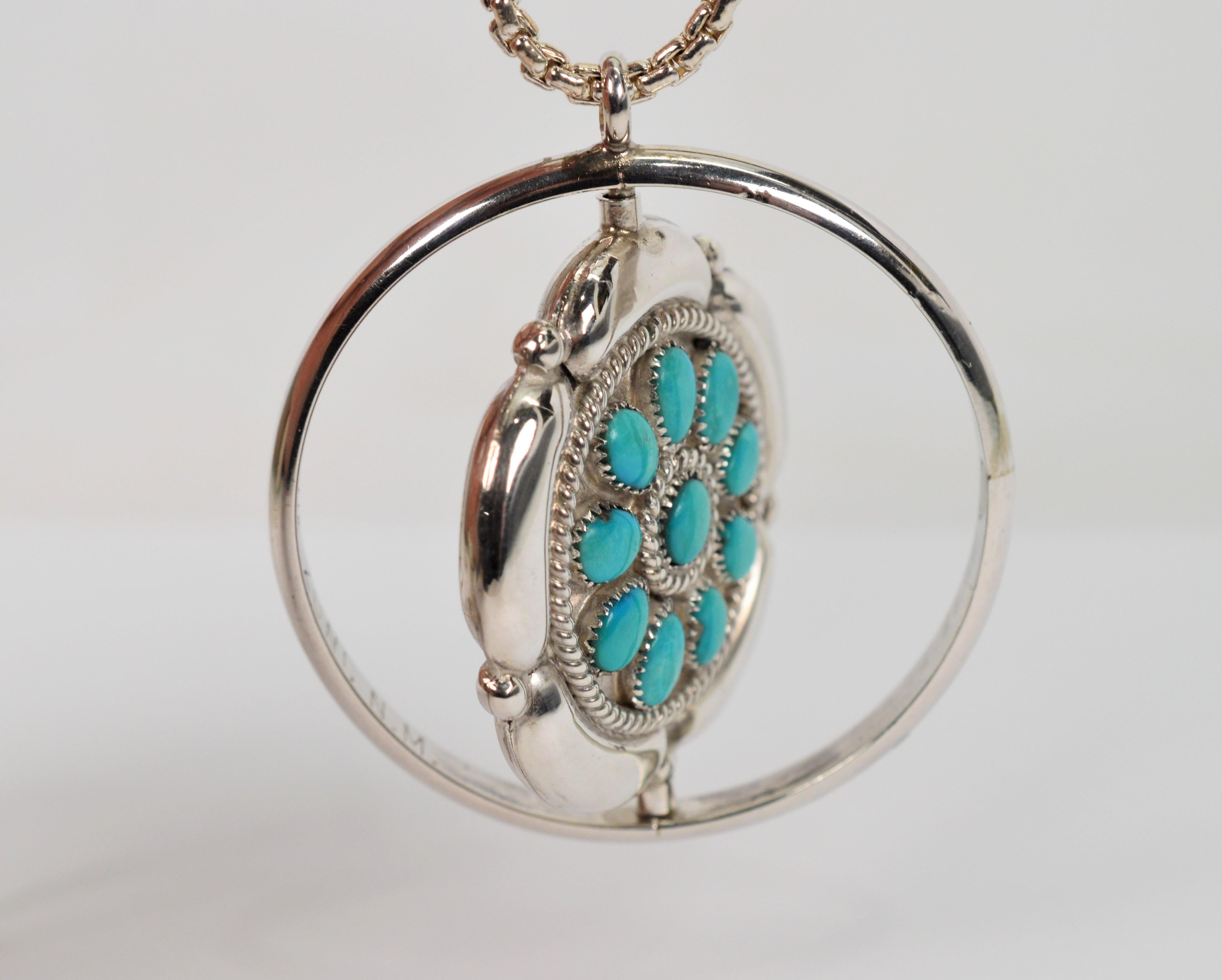 Zuni Turquoise Coral Sun Silver Moons Spinner Pendant Necklace For Sale 1