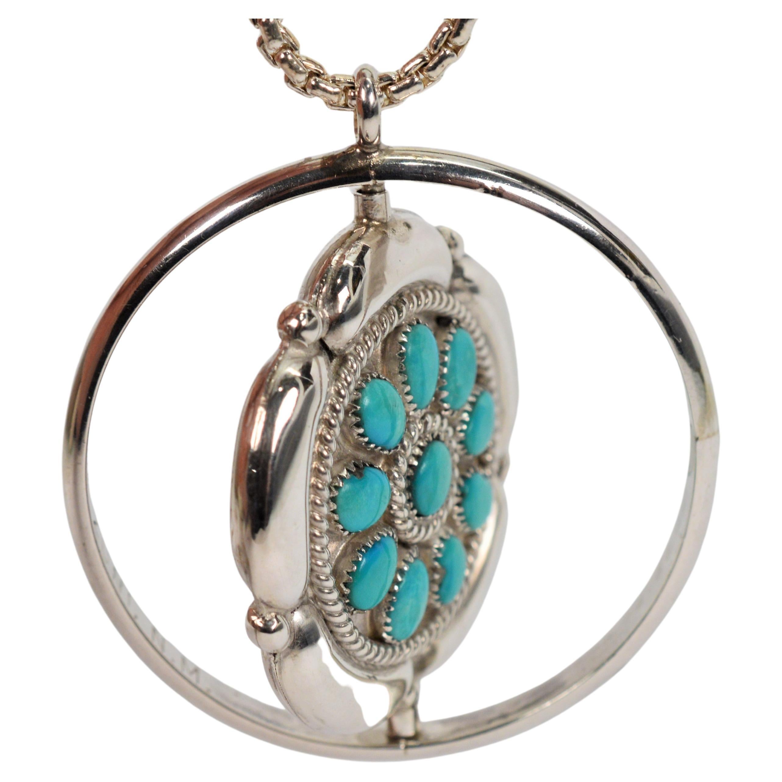 Zuni Turquoise Coral Sun Silver Moons Spinner Pendant Necklace