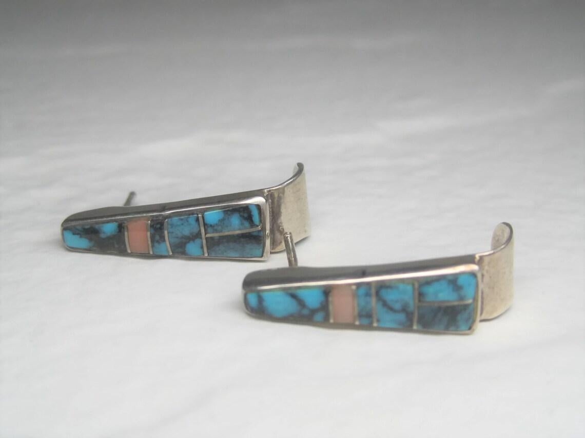 Zuni Turquoise Inlay Earrings Sterling For Sale 5