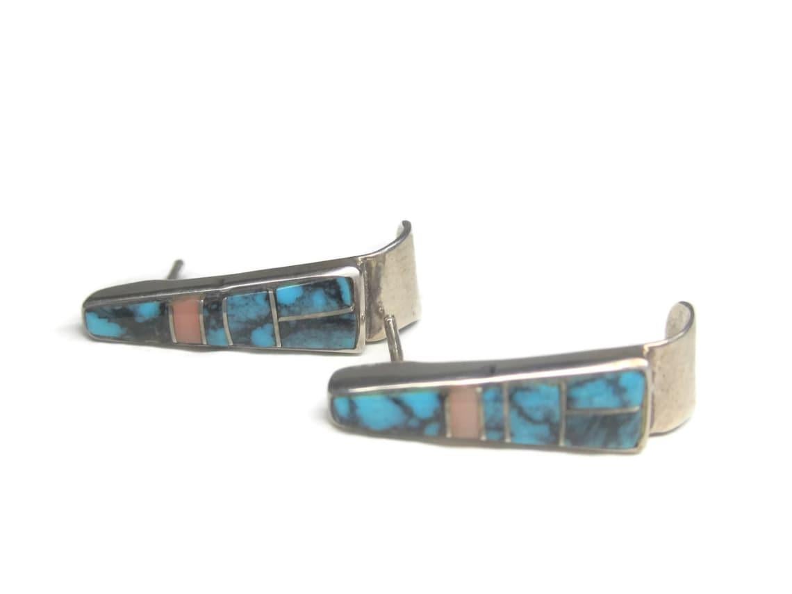 Native American Zuni Turquoise Inlay Earrings Sterling For Sale