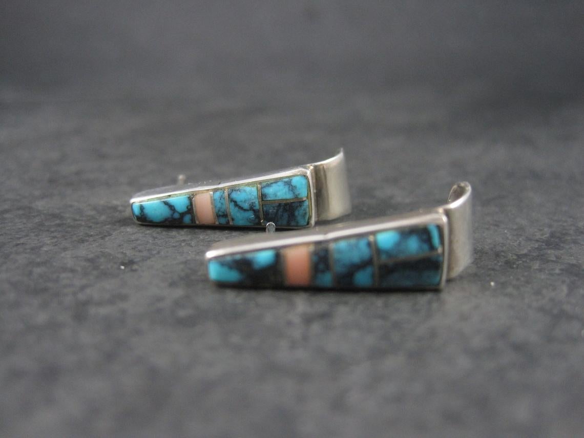Mixed Cut Zuni Turquoise Inlay Earrings Sterling For Sale