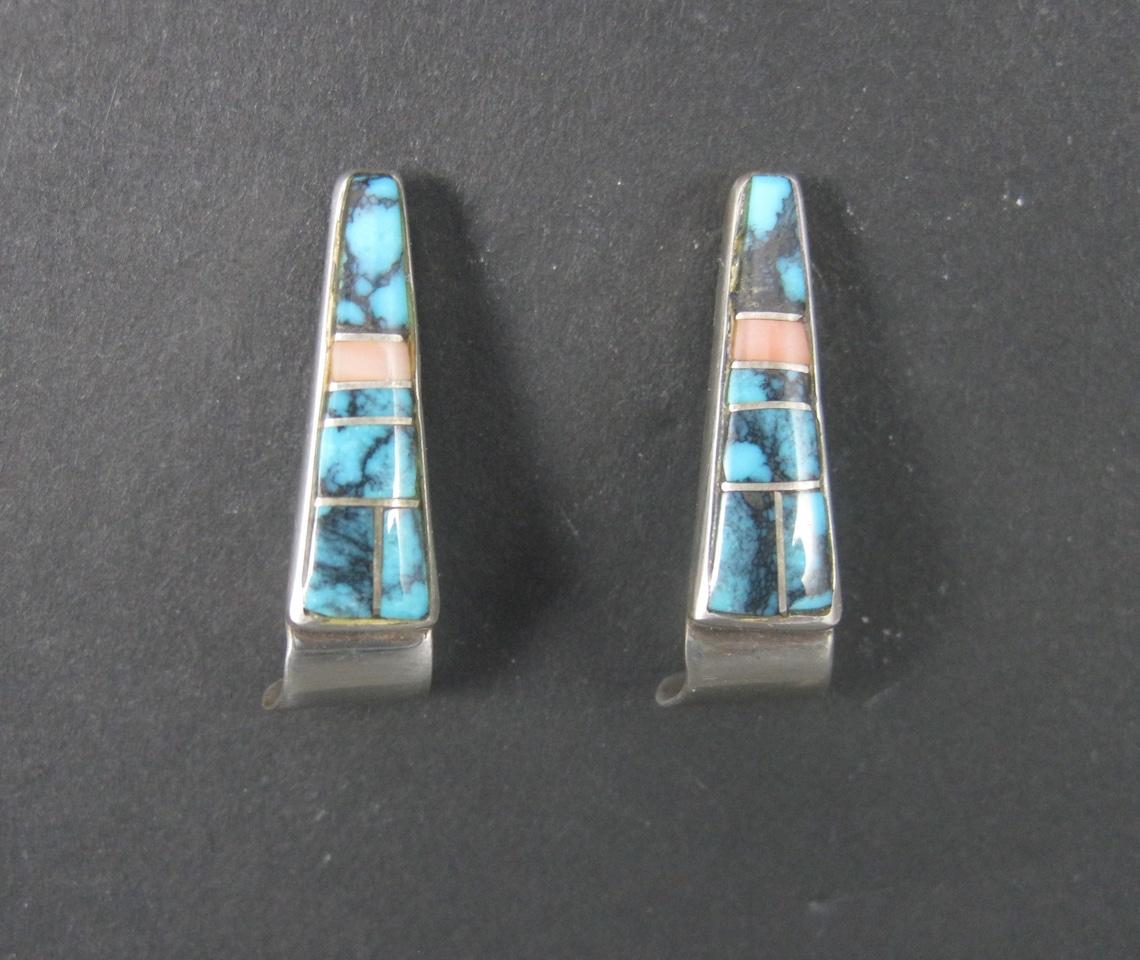 Zuni Turquoise Inlay Earrings Sterling For Sale 2