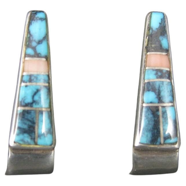 Zuni Turquoise Inlay Earrings Sterling