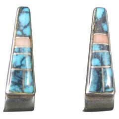 Vintage Zuni Turquoise Inlay Earrings Sterling