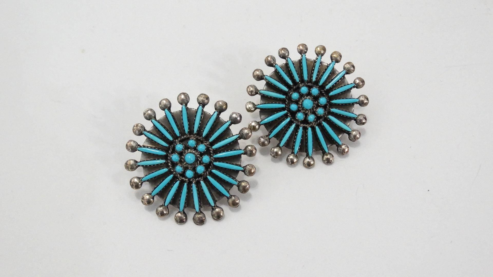 Women's Zuni Turquoise Needle Point Squash Blossom Earrings 