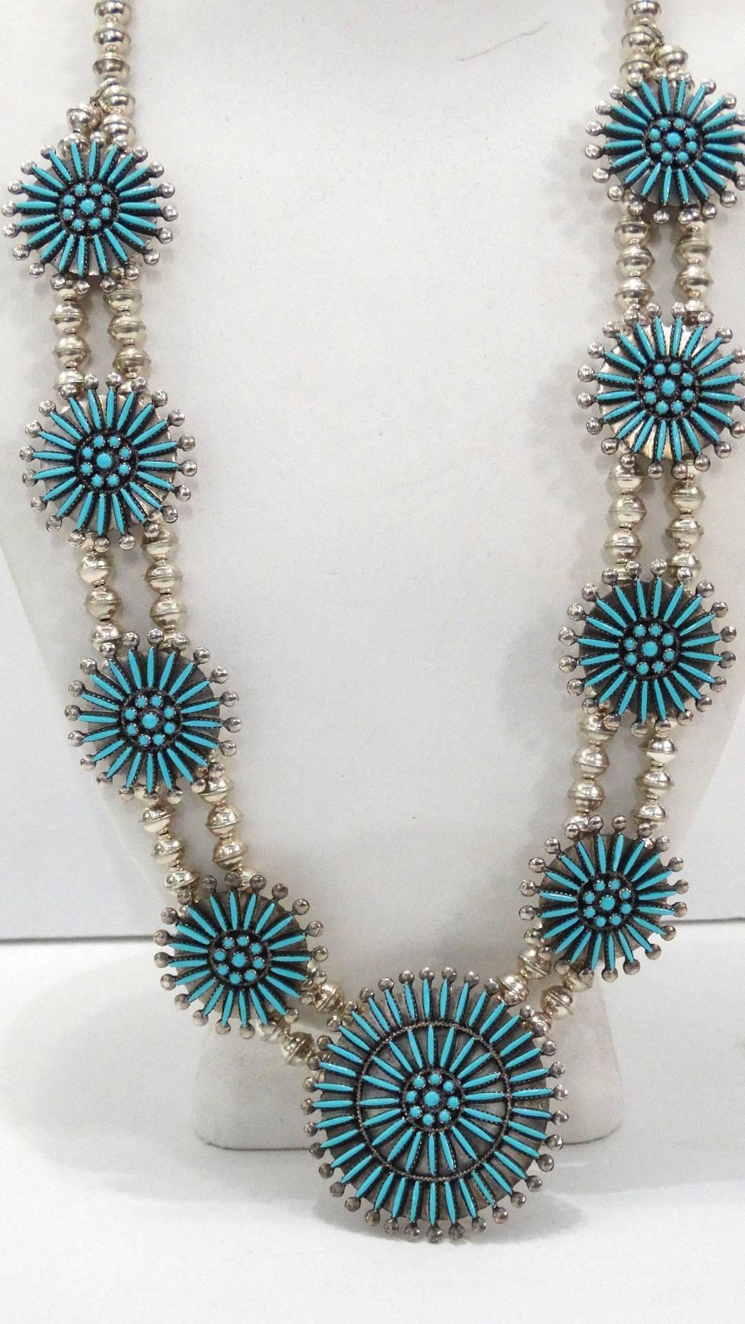 Zuni Turquoise Needle Point Squash Blossom Necklace  2