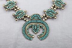 Zuni Turquoise & Sterling Silver Needlepoint Squash Blossom Necklace & Earrings