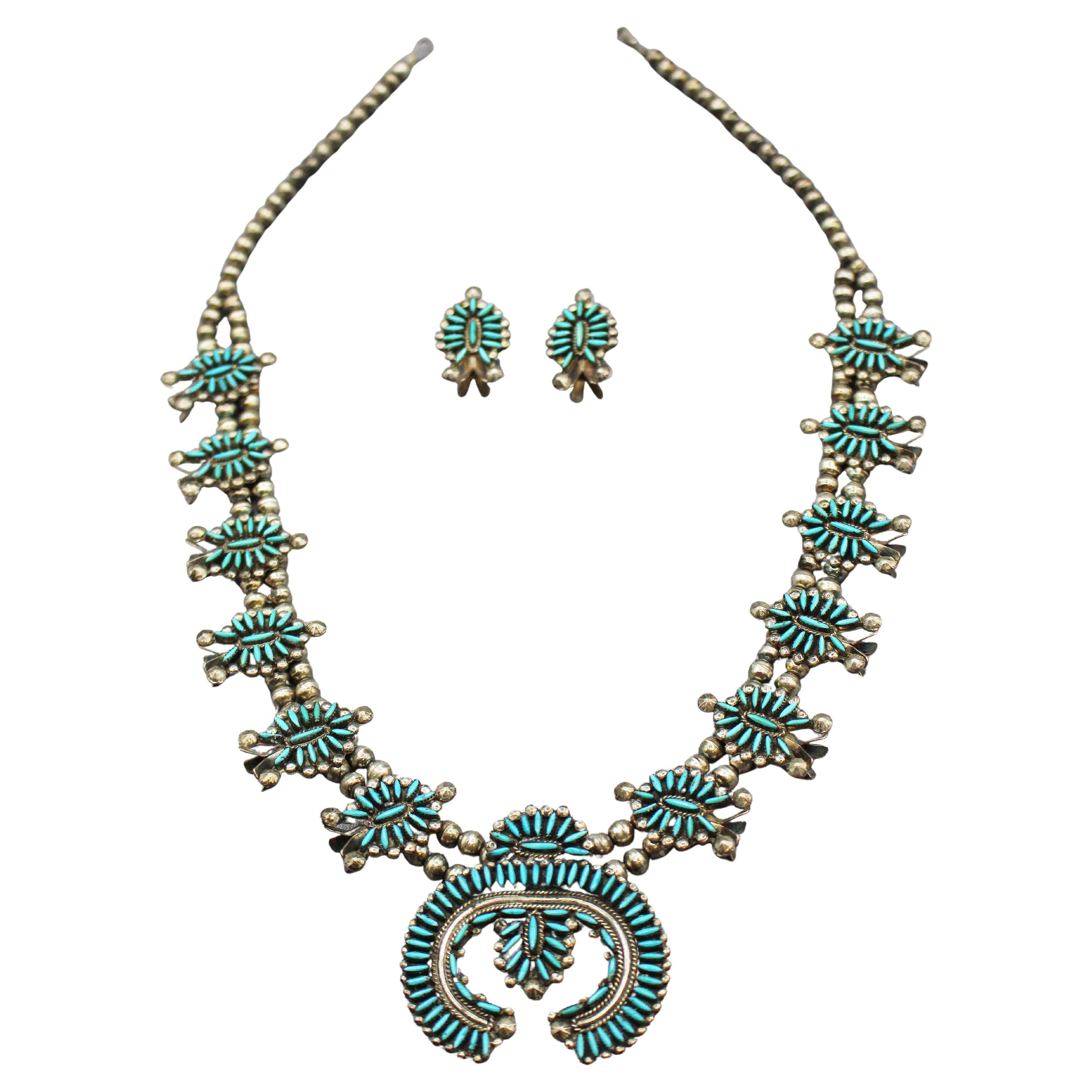 Zuni Turquoise & Sterling Silver Needlepoint Squash Blossom Necklace & Earrings For Sale