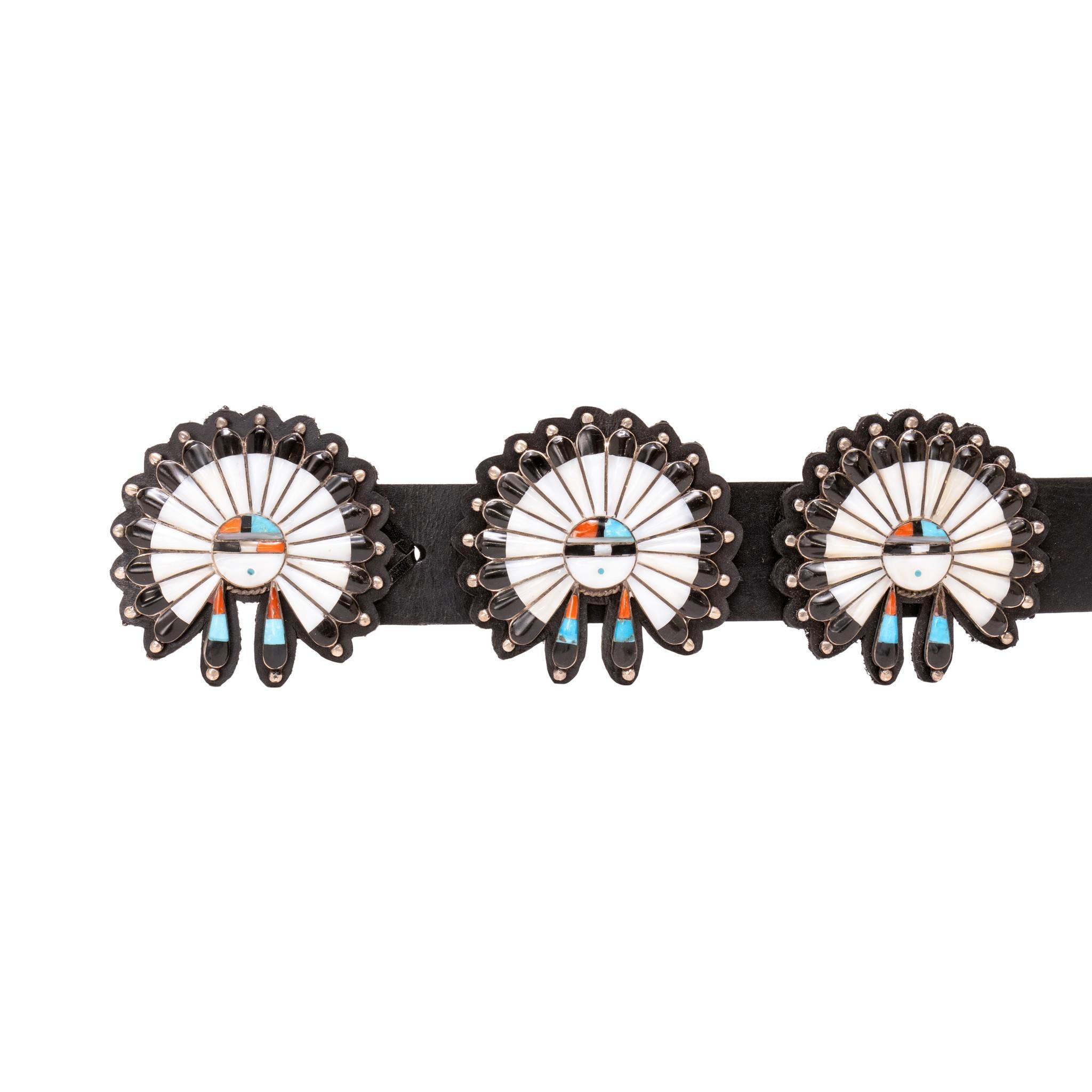 Native American Zuni War Bonnet Inlay Concho Belt For Sale