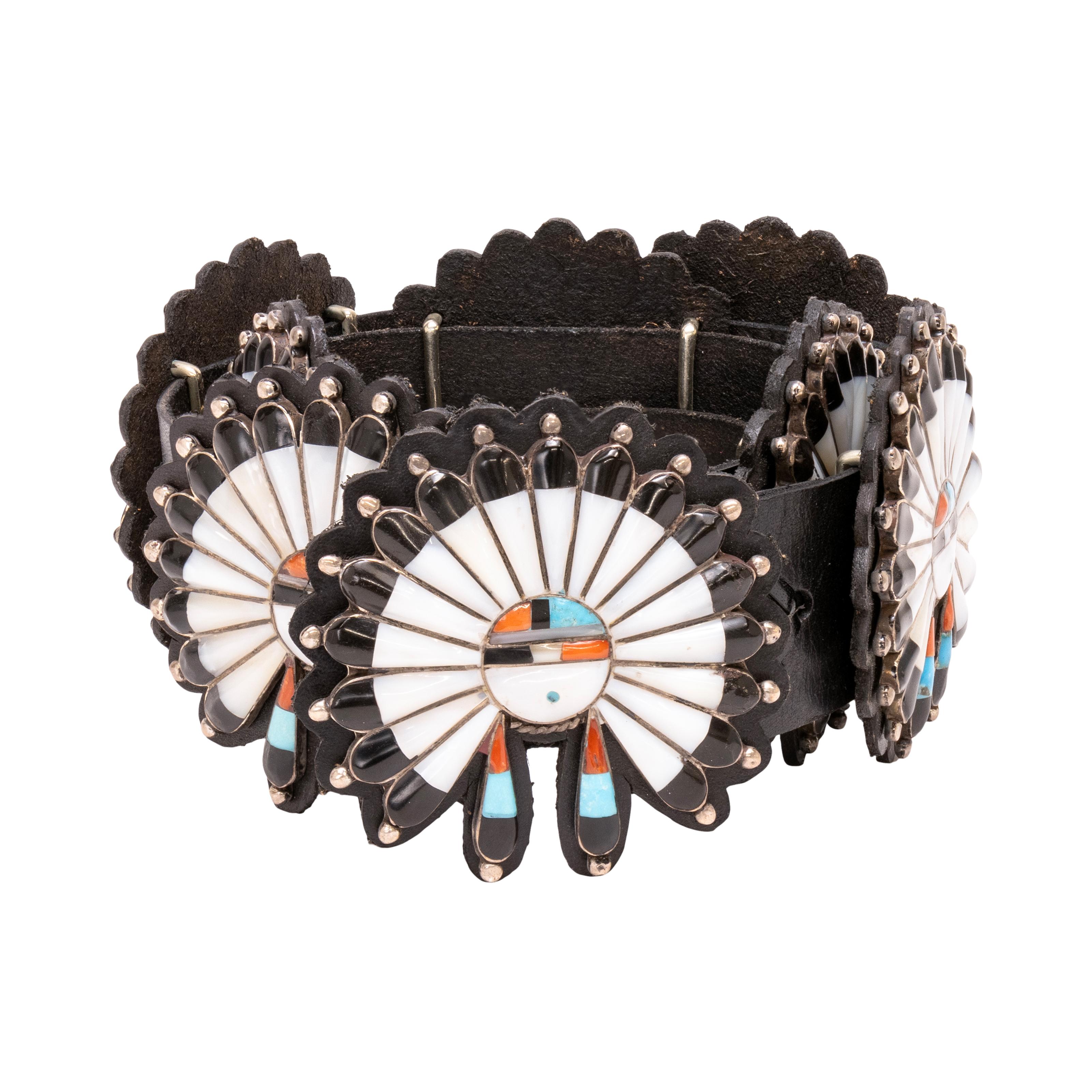 Mixed Cut Zuni War Bonnet Inlay Concho Belt For Sale