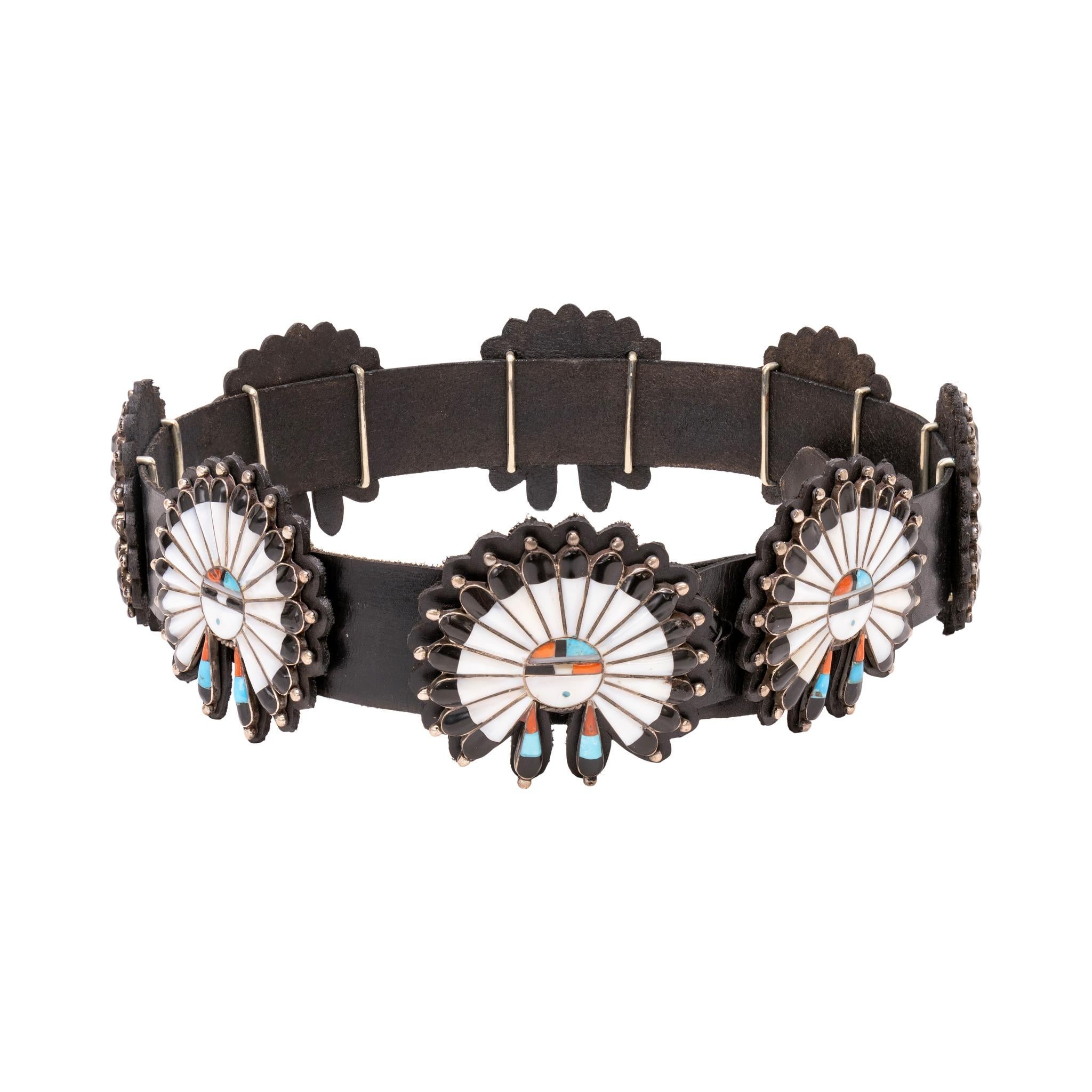 Zuni War Bonnet Inlay Concho Belt For Sale