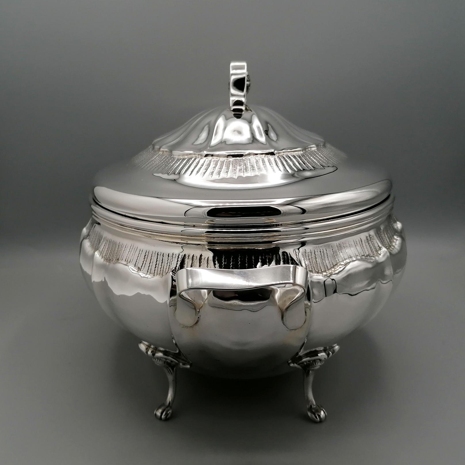 Engraved Italian solid silver 800's tureen in baroque style For Sale