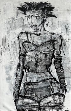 Dancer – Contemporary Black and White Figurative Female Figure in Corset by Zura