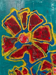 Flowers in a Blue Vase on Turquoise Ground by Zura