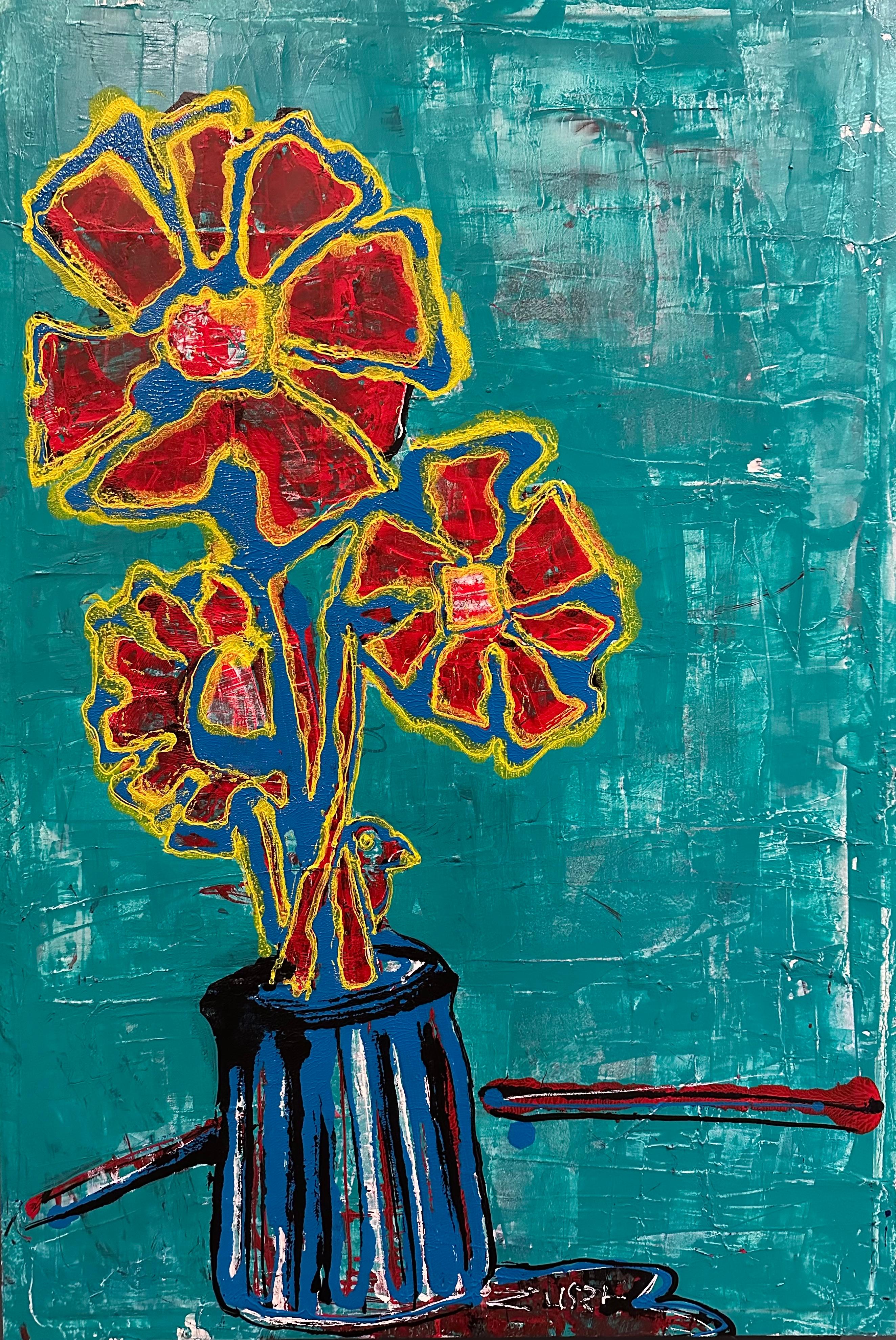 Flowers in a Blue Vase on Turquoise Ground by Zura