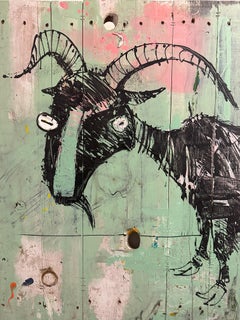 Goat – Modern Animal Painting on Wooden Fences by Zura