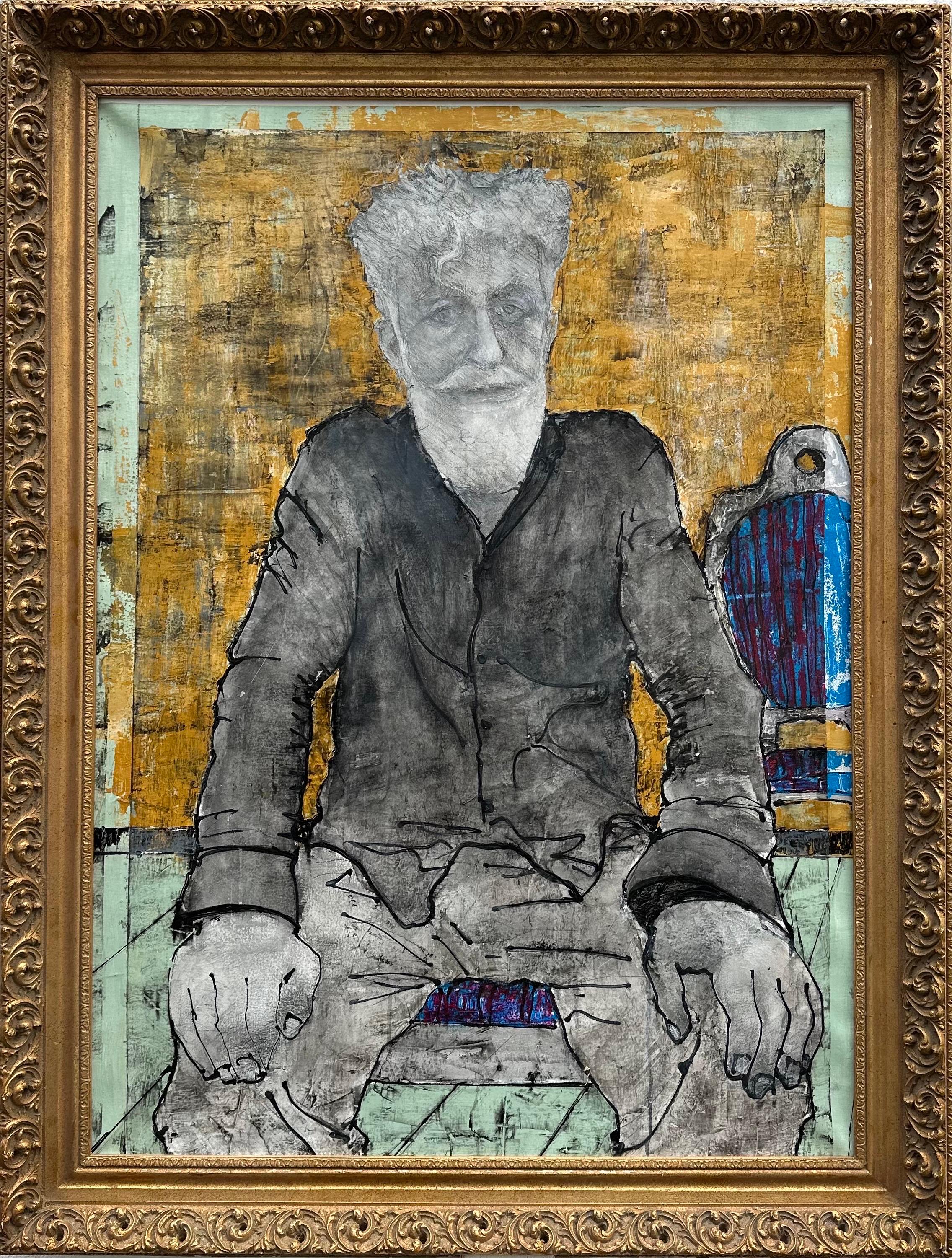 En este autorretrato introspectivo, Zura se sienta tranquilamente ante nosotros, con los pies en la tierra, reflexivo y desprevenido. Detrás de él, una silla vacía permanece en el fondo, una presencia silenciosa que evoca la ausencia, la memoria y