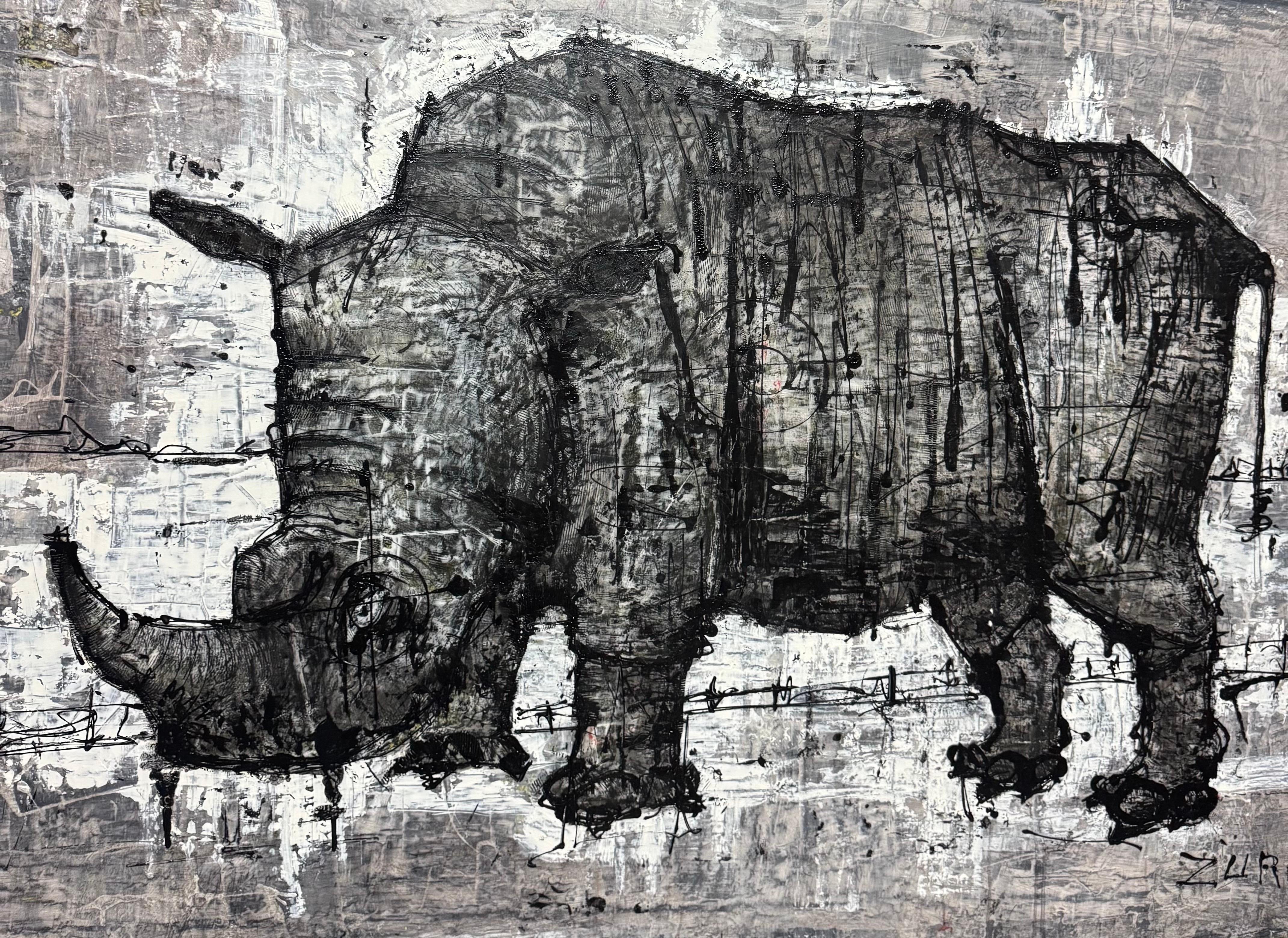 Zura : 'Rhino' Peinture contemporaine originale - Portrait d'animal expressionniste en vente 1