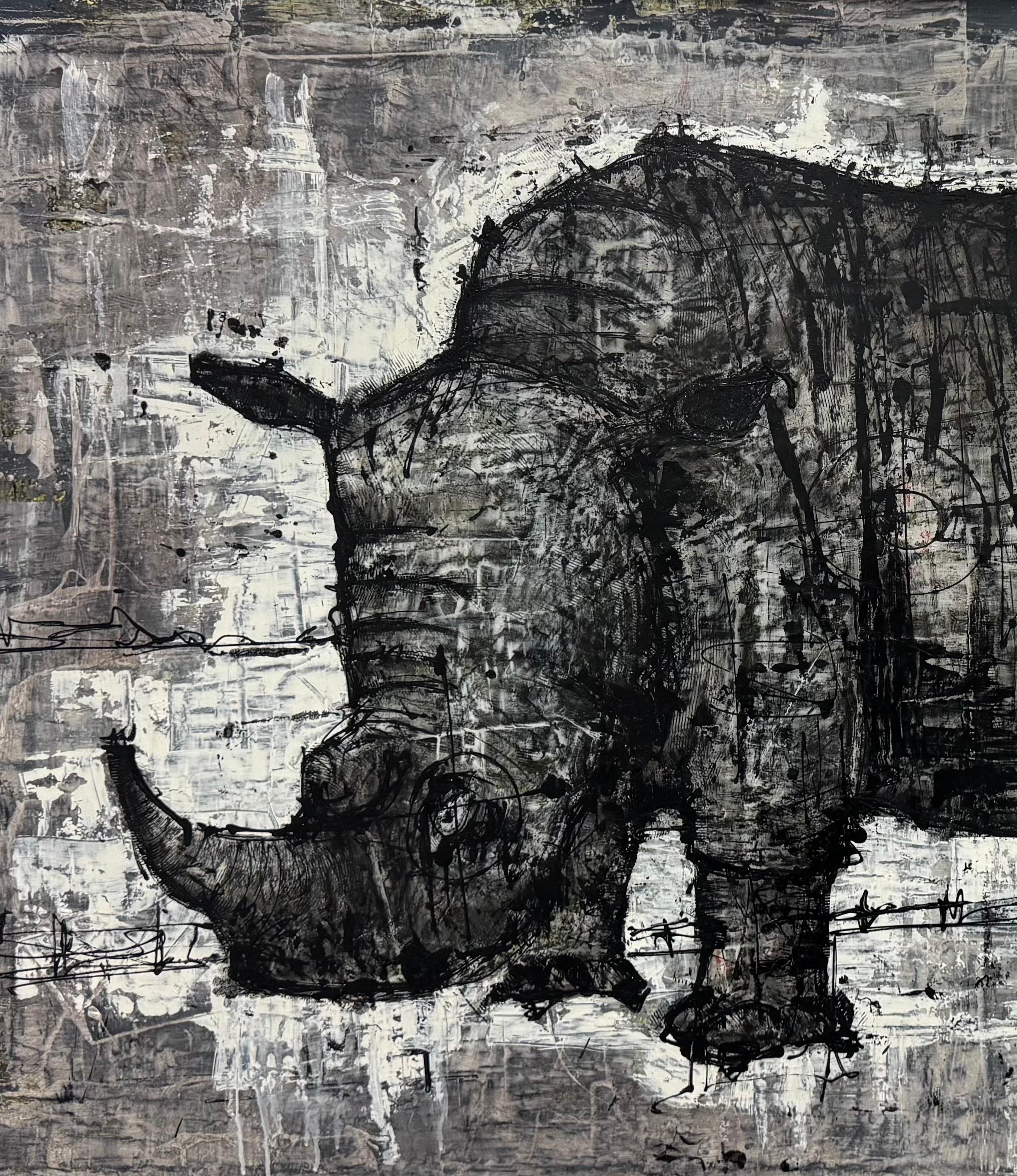 Zura : 'Rhino' Peinture contemporaine originale - Portrait d'animal expressionniste en vente 2