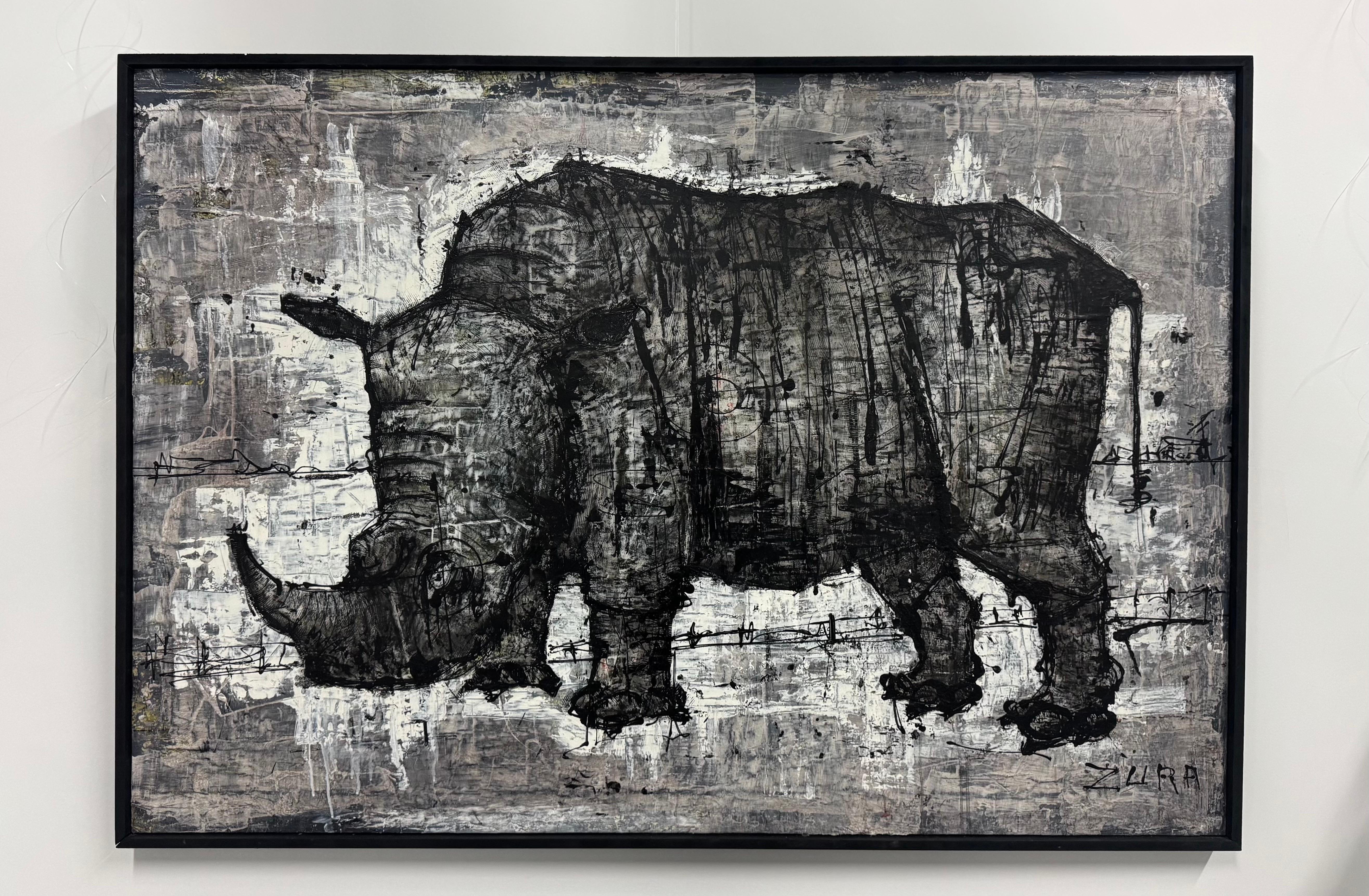 Zura: ‘Rhino’ Original Contemporary Painting – Expressionist Animal Portrait