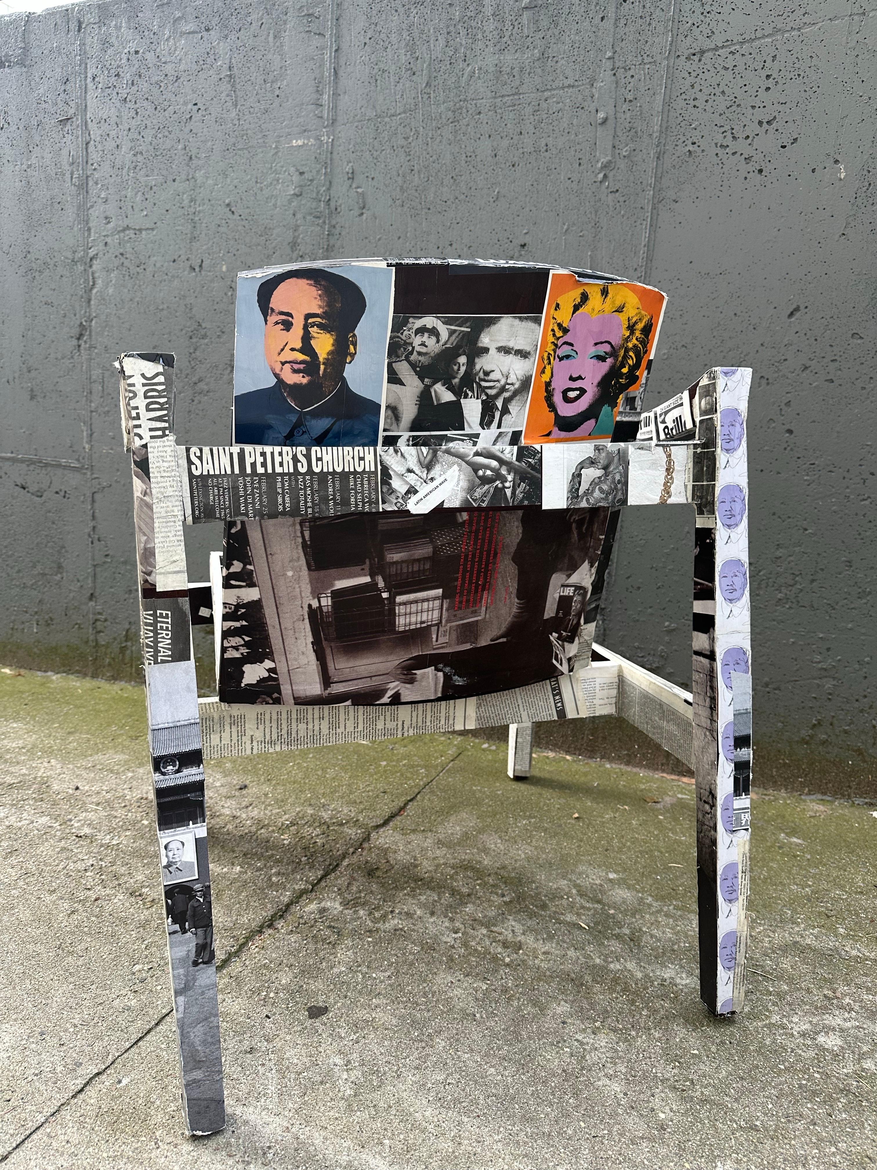 A sculptural collage by Zura, Andy Warhol Lot No. Chair merges the everyday with the iconic. Using imagery sourced from a 2006 Christie’s auction catalog of Andy Warhol’s work, the artist transforms a humble wooden accent chair into a layered