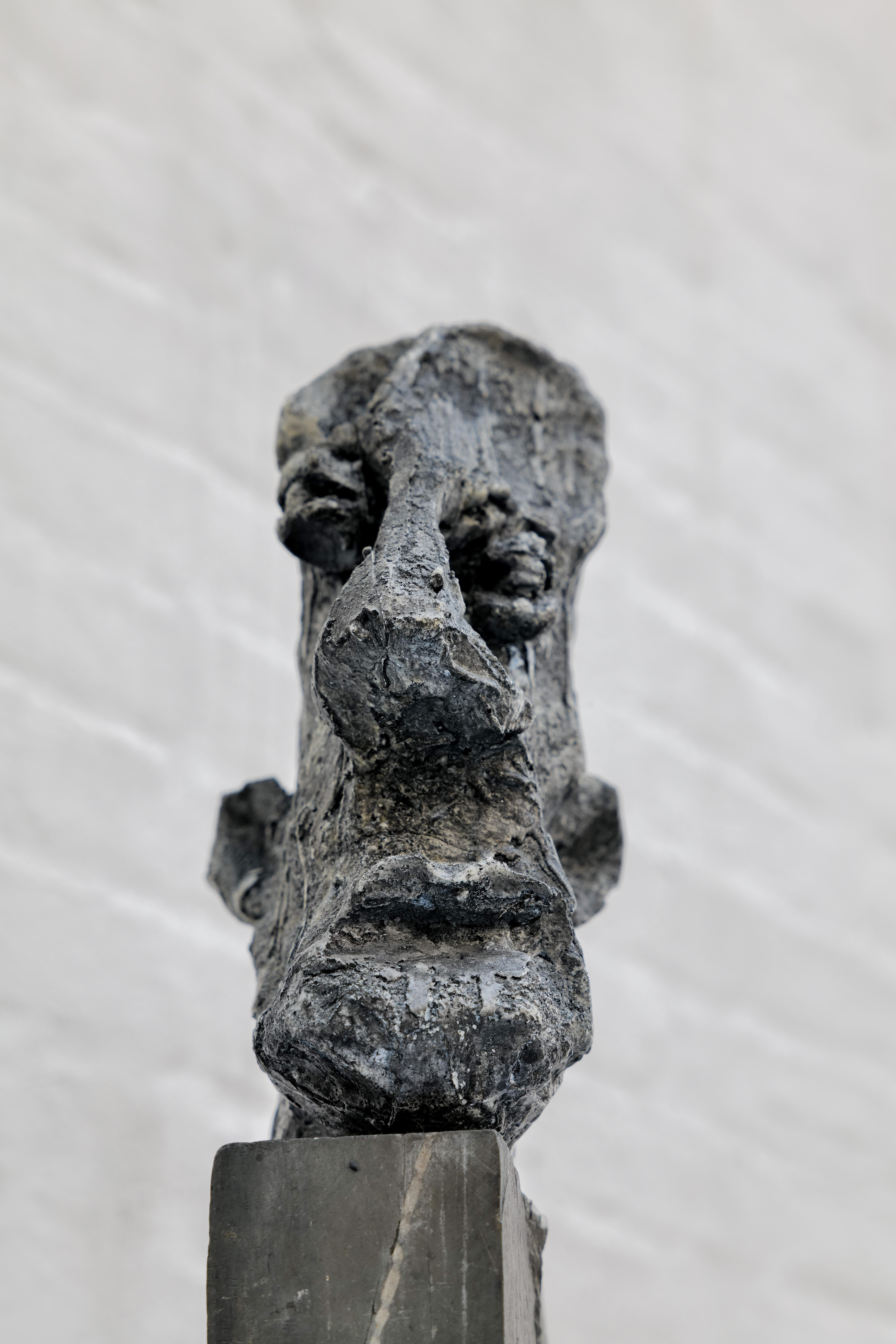 La escultura más reciente de Zura, una inquietante cabeza alargada con una superficie cruda y expresiva, evoca una intensidad psicológica que parece más desenterrada que elaborada. Descarnado y solitario, se lee menos como un retrato que como la